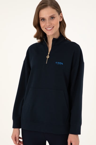 Kadın Lacivert Dik Yaka Fermuarlı Sweatshirt