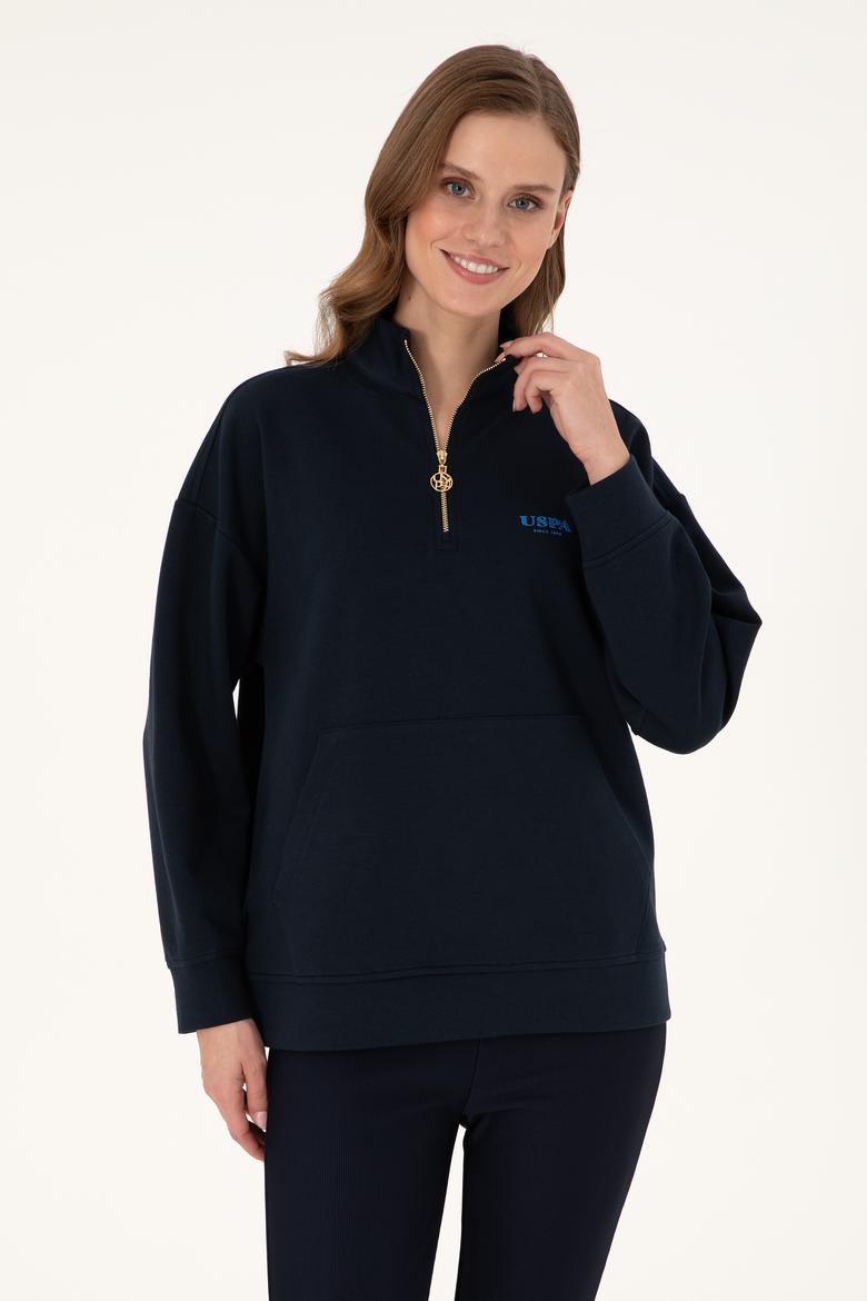 Kadın Lacivert Dik Yaka Fermuarlı Sweatshirt
