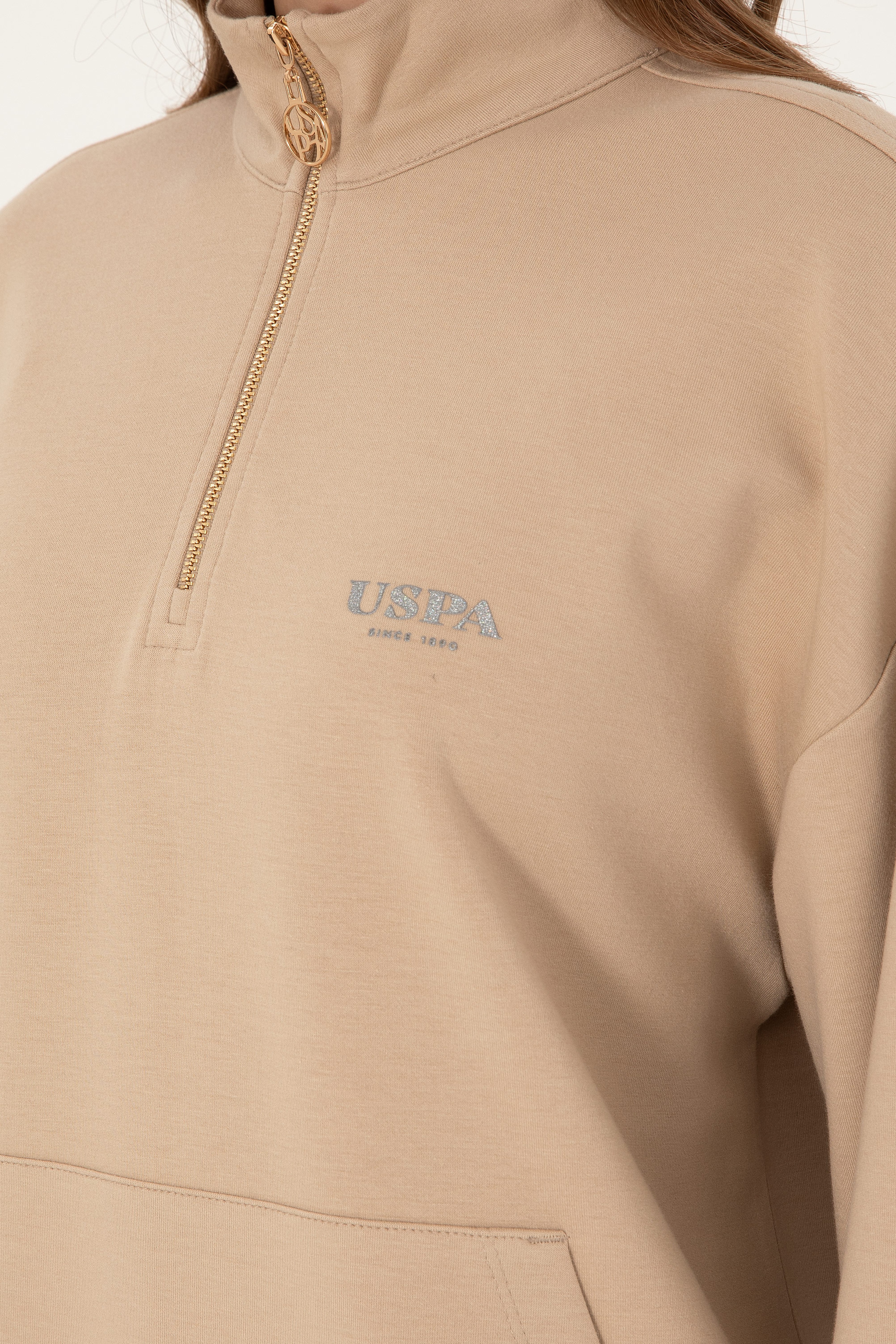 Kadın Kum Dik Yaka Fermuarlı Sweatshirt - Image 7