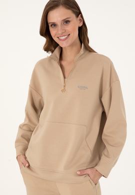 Kadın Kum Dik Yaka Fermuarlı Sweatshirt - 50297316007