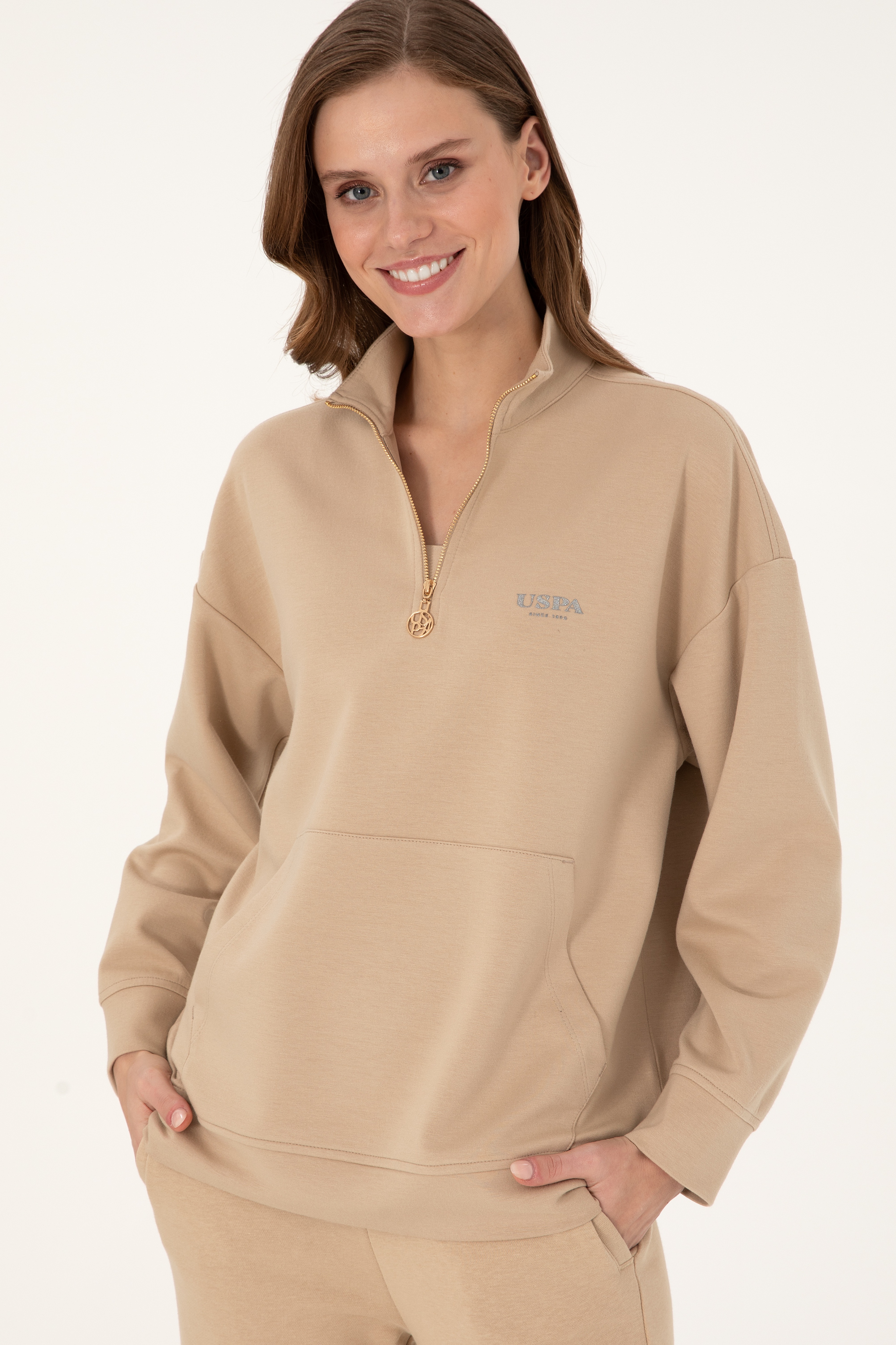 Kadın Kum Dik Yaka Fermuarlı Sweatshirt