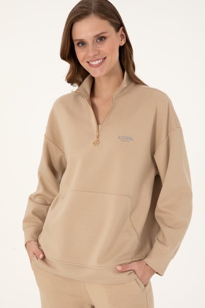 Kadın Kum Dik Yaka Fermuarlı Sweatshirt