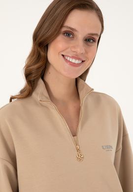 Kadın Kum Dik Yaka Fermuarlı Sweatshirt - 50297316007