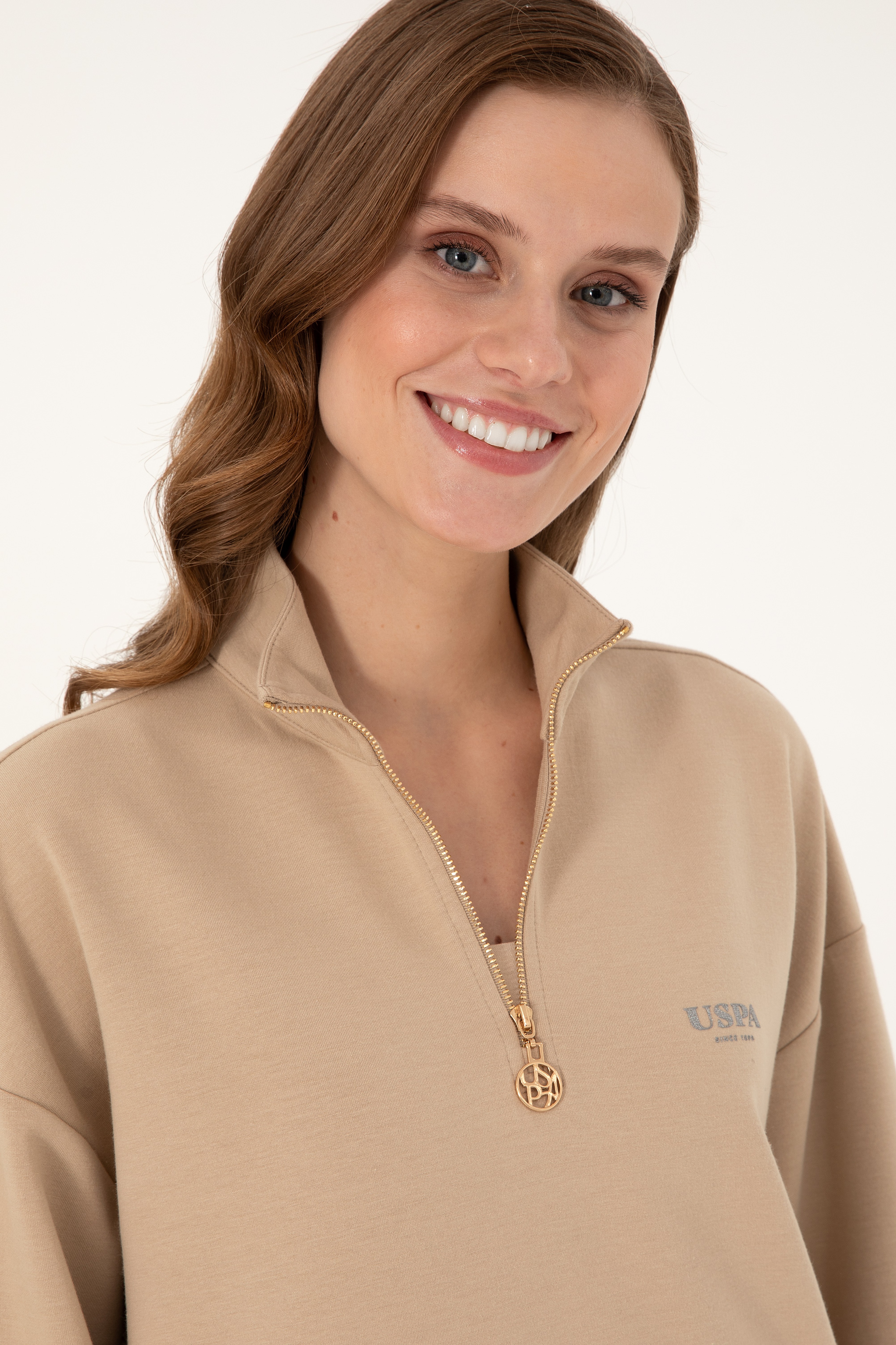 Kadın Kum Dik Yaka Fermuarlı Sweatshirt - Image 2
