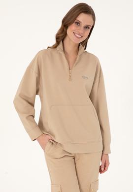 Kadın Kum Dik Yaka Fermuarlı Sweatshirt - 50297316007