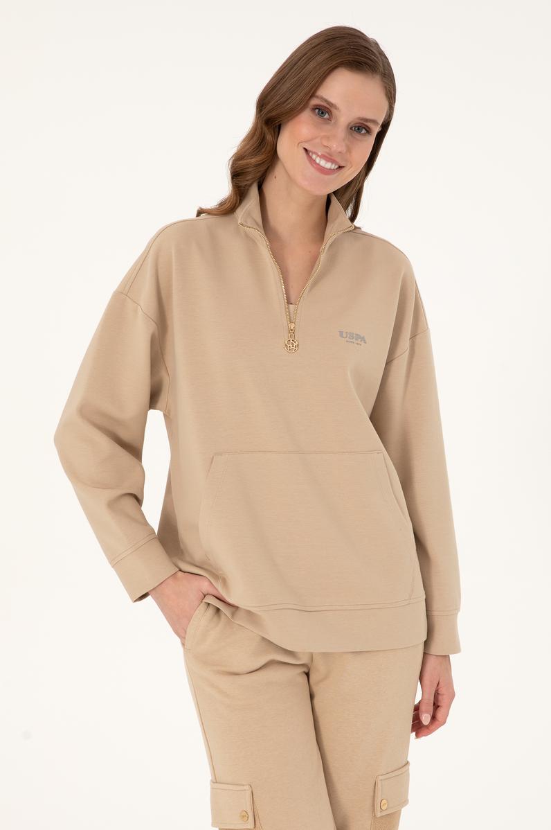 Kadın Kum Dik Yaka Fermuarlı Sweatshirt