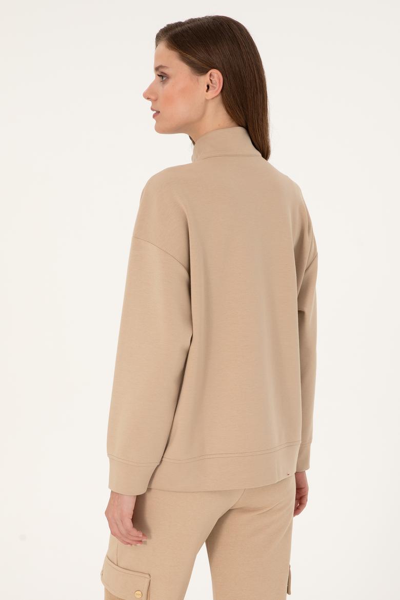 Kadın Kum Dik Yaka Fermuarlı Sweatshirt - 50297316007