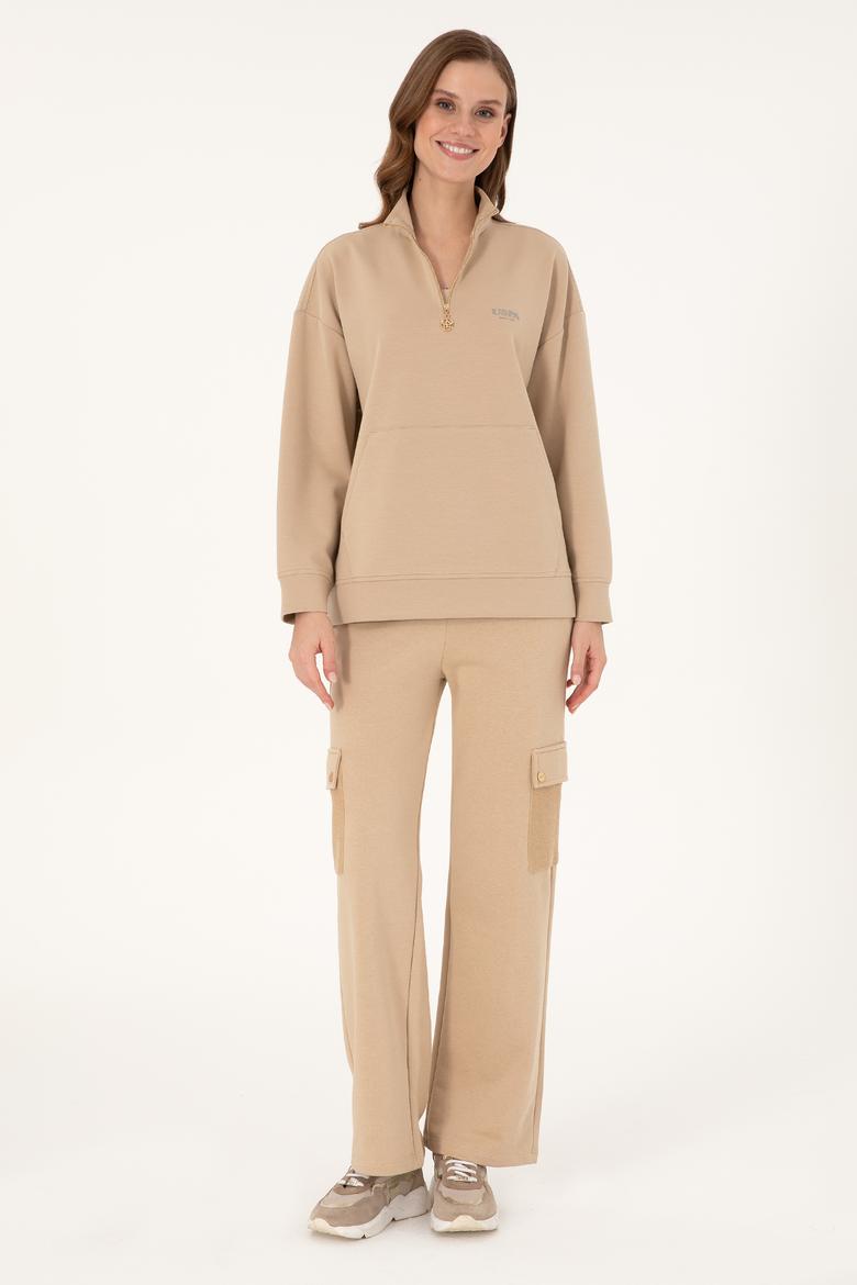 Kadın Kum Dik Yaka Fermuarlı Sweatshirt - 50297316007
