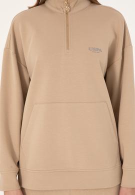 Kadın Kum Dik Yaka Fermuarlı Sweatshirt - 50297316007