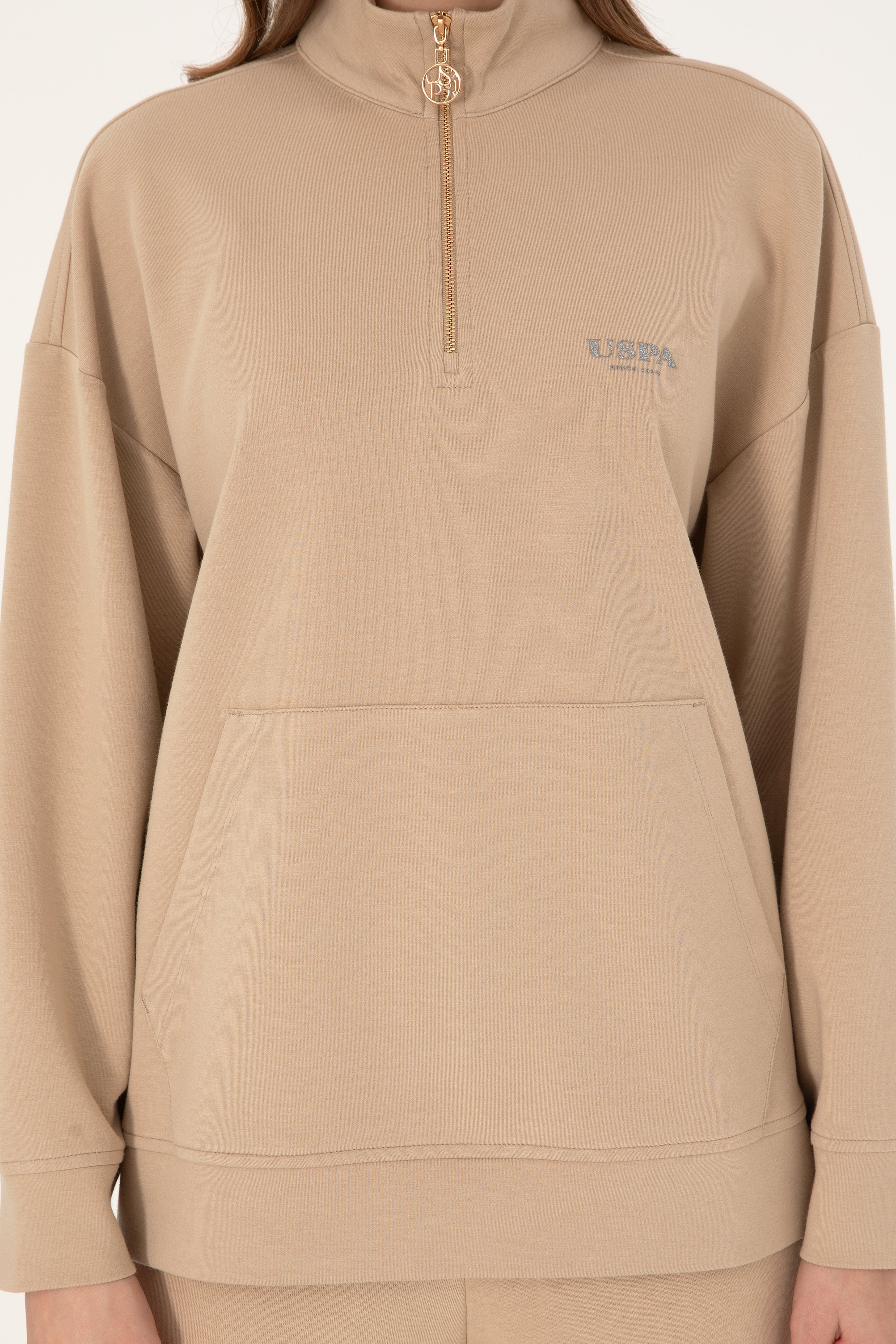 Kadın Kum Dik Yaka Fermuarlı Sweatshirt