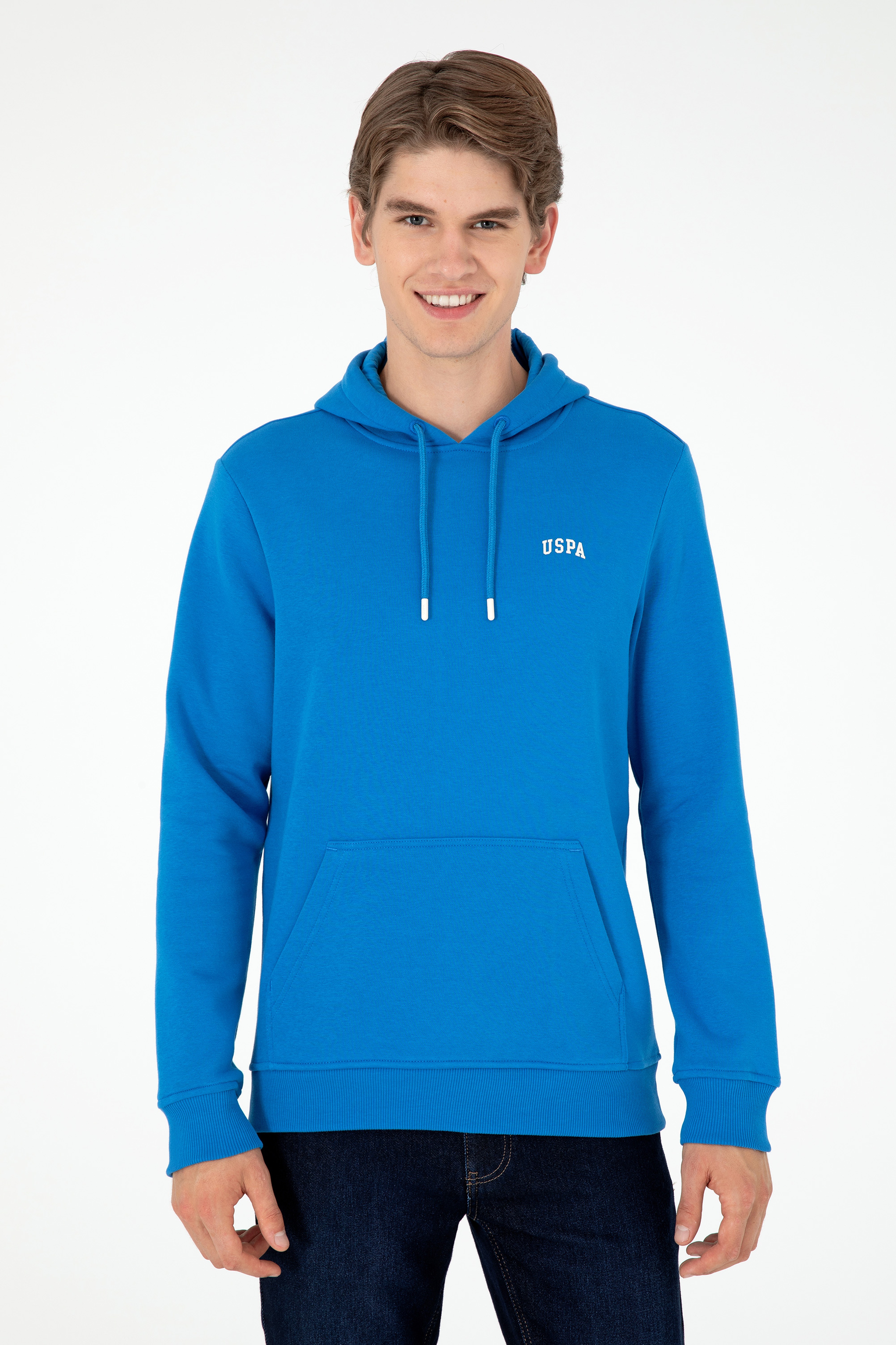 Erkek Kapüşonlu Kobalt Mavi Basic Şardonlu Sweatshirt - Image 3