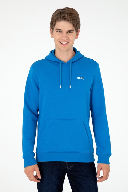 Erkek Kapüşonlu Kobalt Mavi Basic Şardonlu Sweatshirt