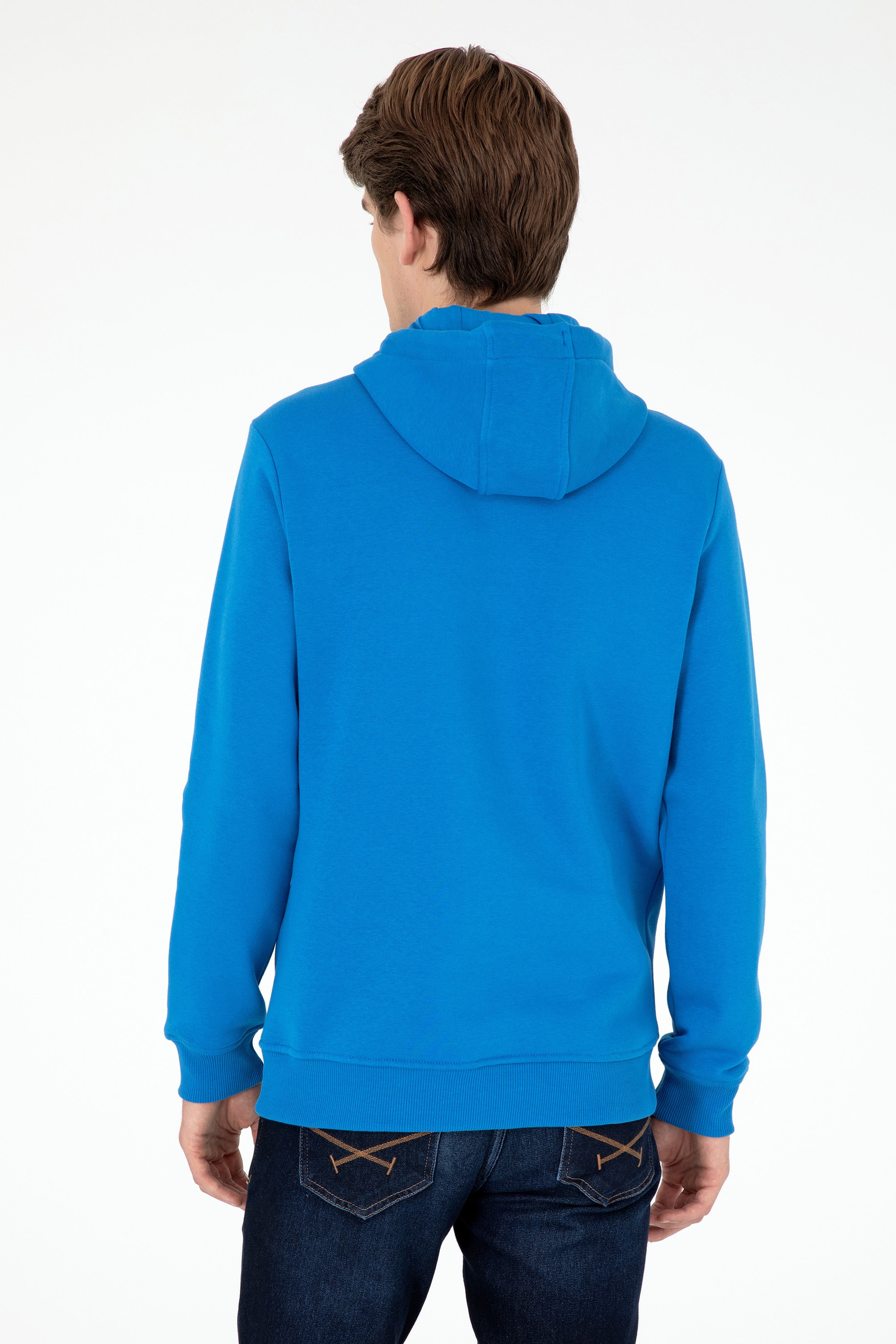 Erkek Kapüşonlu Kobalt Mavi Basic Şardonlu Sweatshirt - Image 5