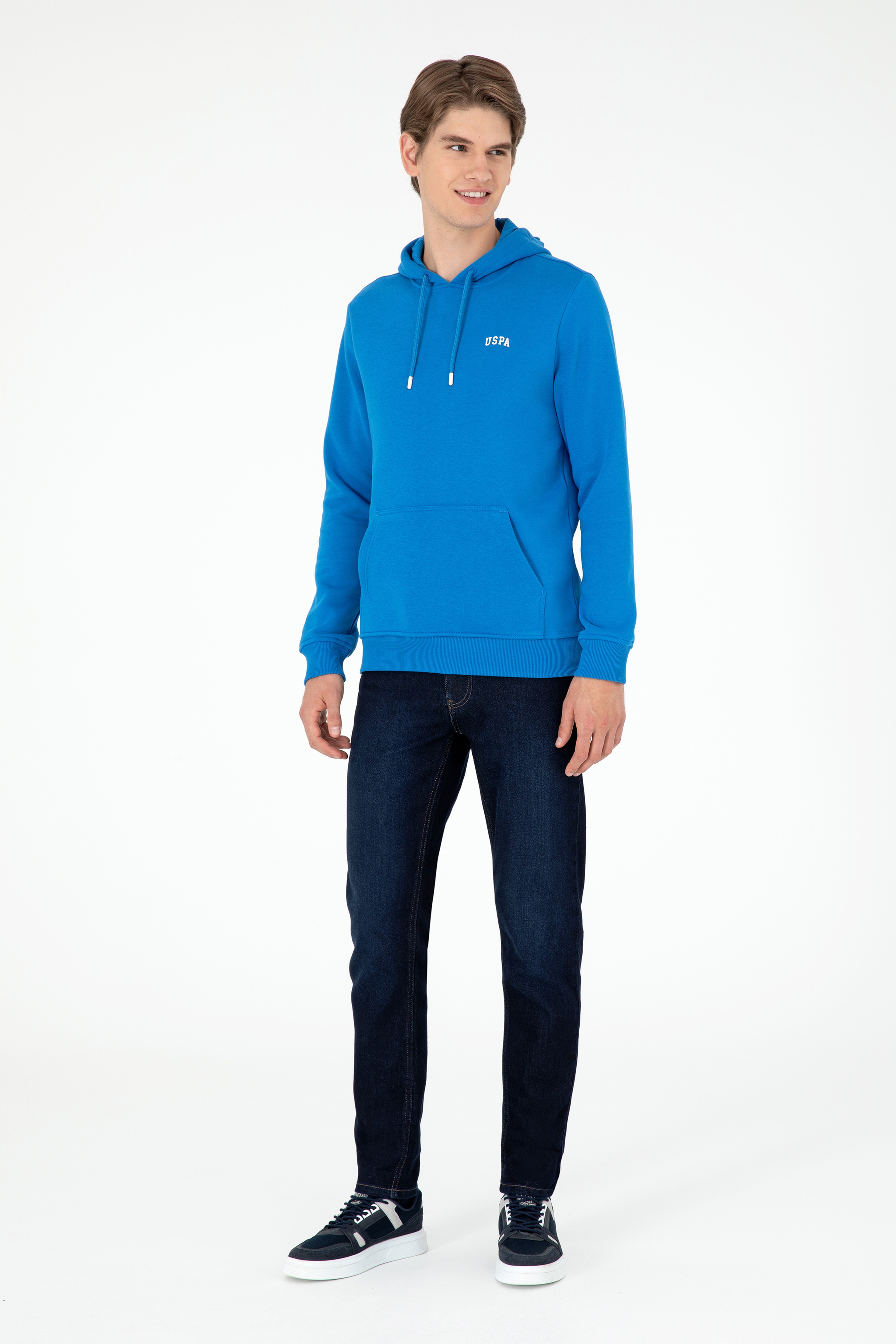 Erkek Kapüşonlu Kobalt Mavi Basic Şardonlu Sweatshirt - Image 4
