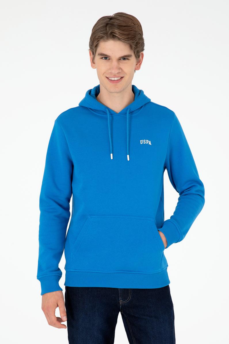 Erkek Kapüşonlu Kobalt Mavi Basic Şardonlu Sweatshirt