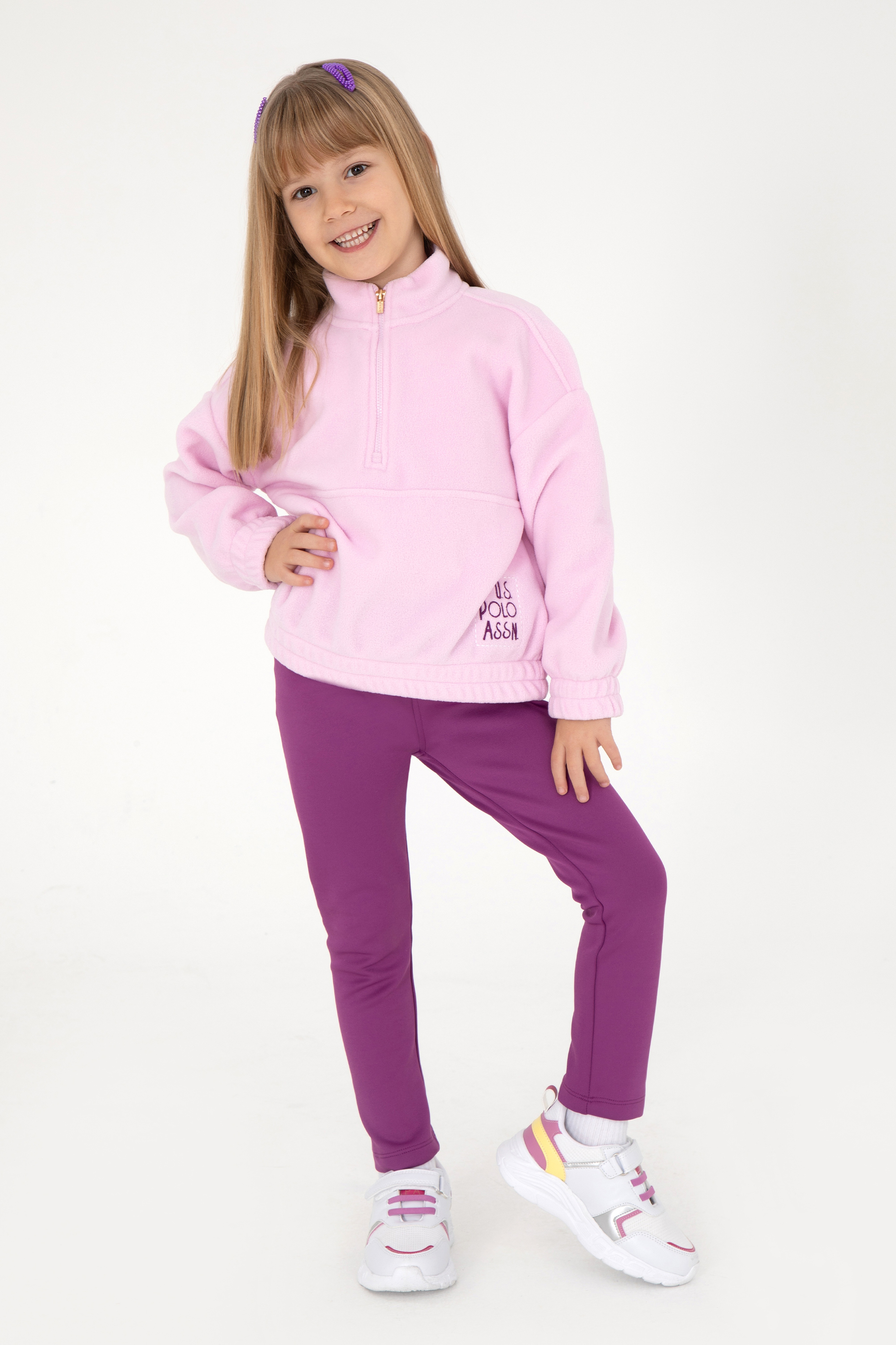 Kız Çocuk Yarım Fermuarlı Pembe Polar Sweatshirt - Image 2