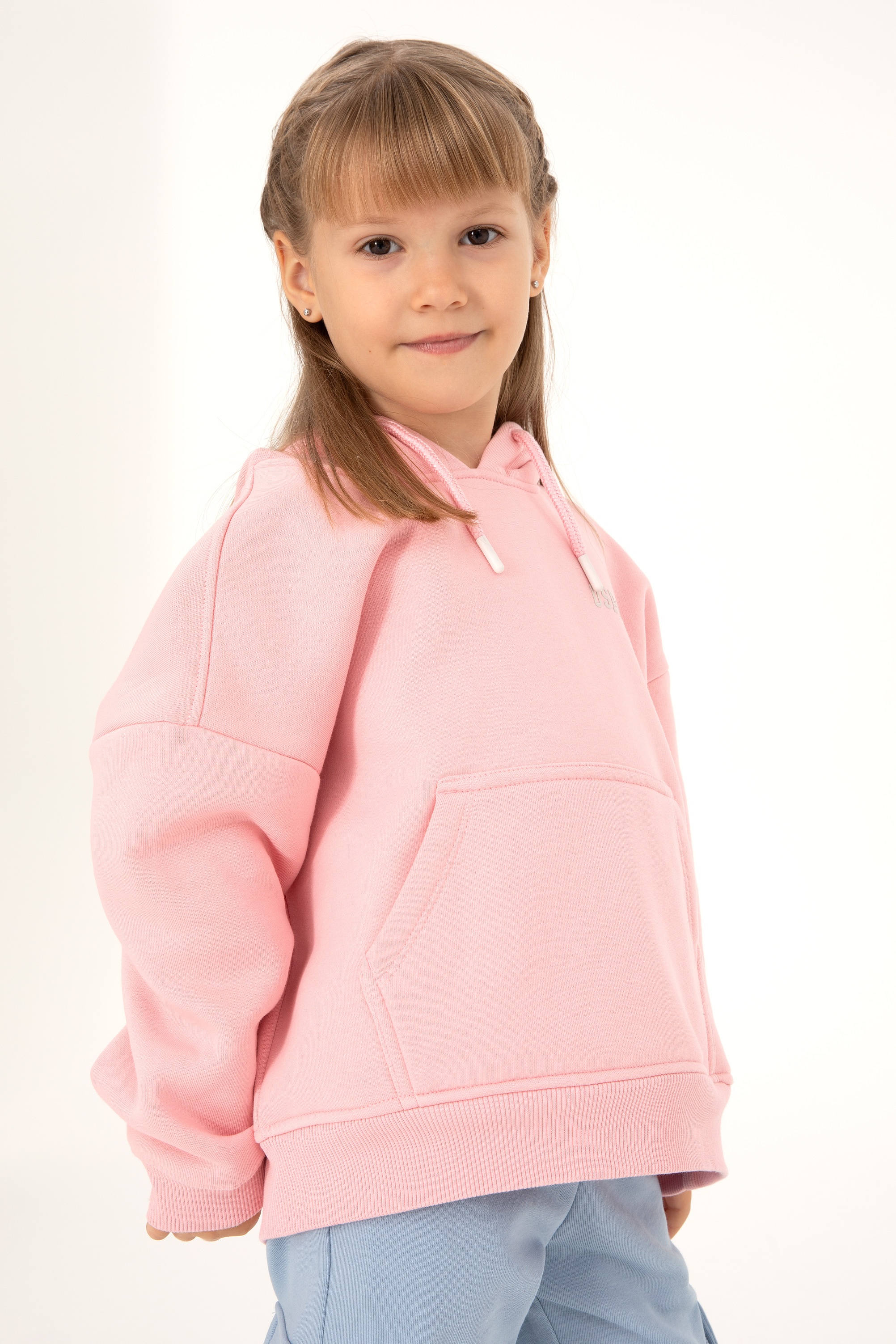 Kız Çocuk Pudra Basic Kapüşonlu Sweatshirt - Image 2
