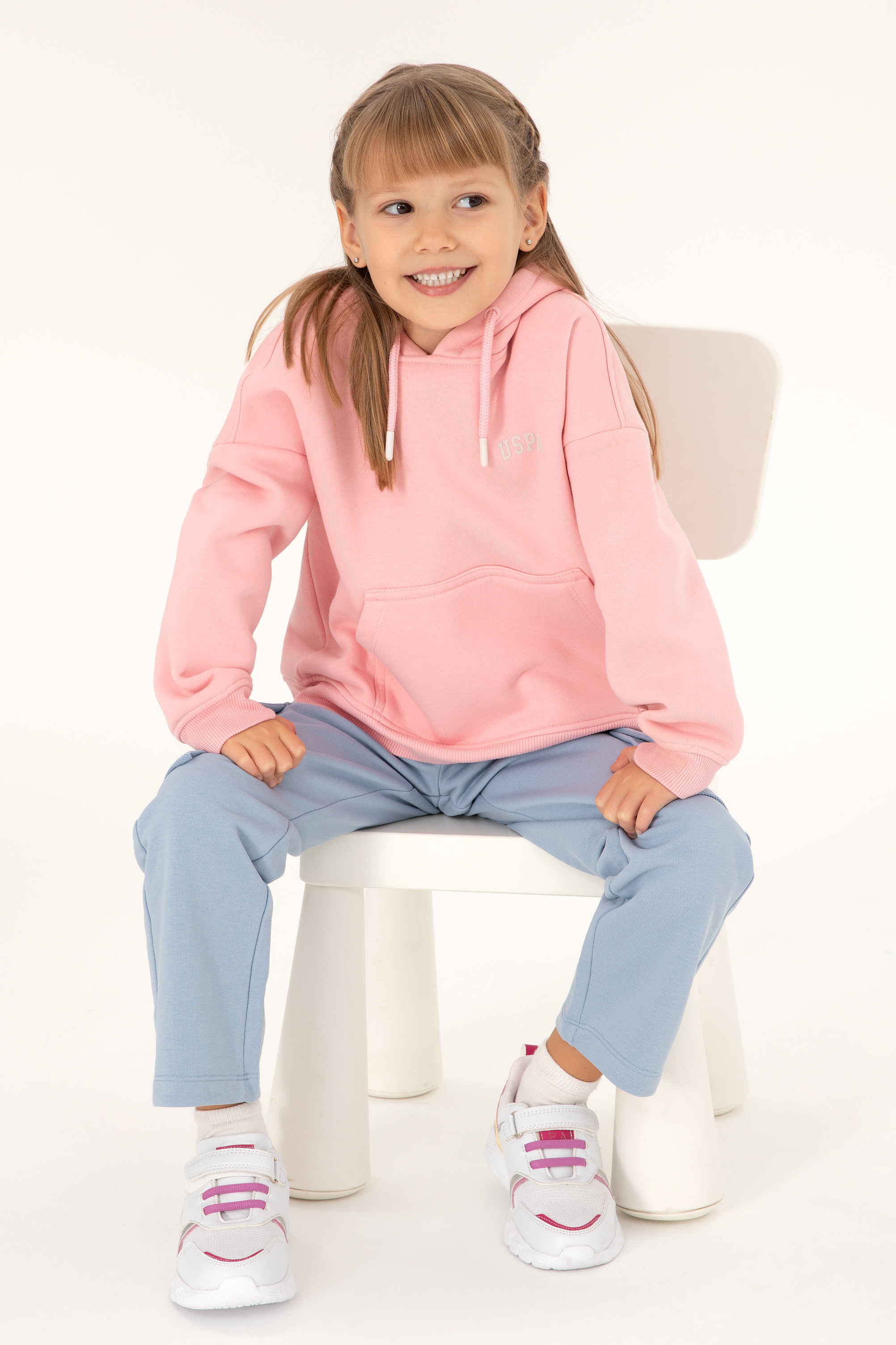 Kız Çocuk Pudra Basic Kapüşonlu Sweatshirt - Image 1