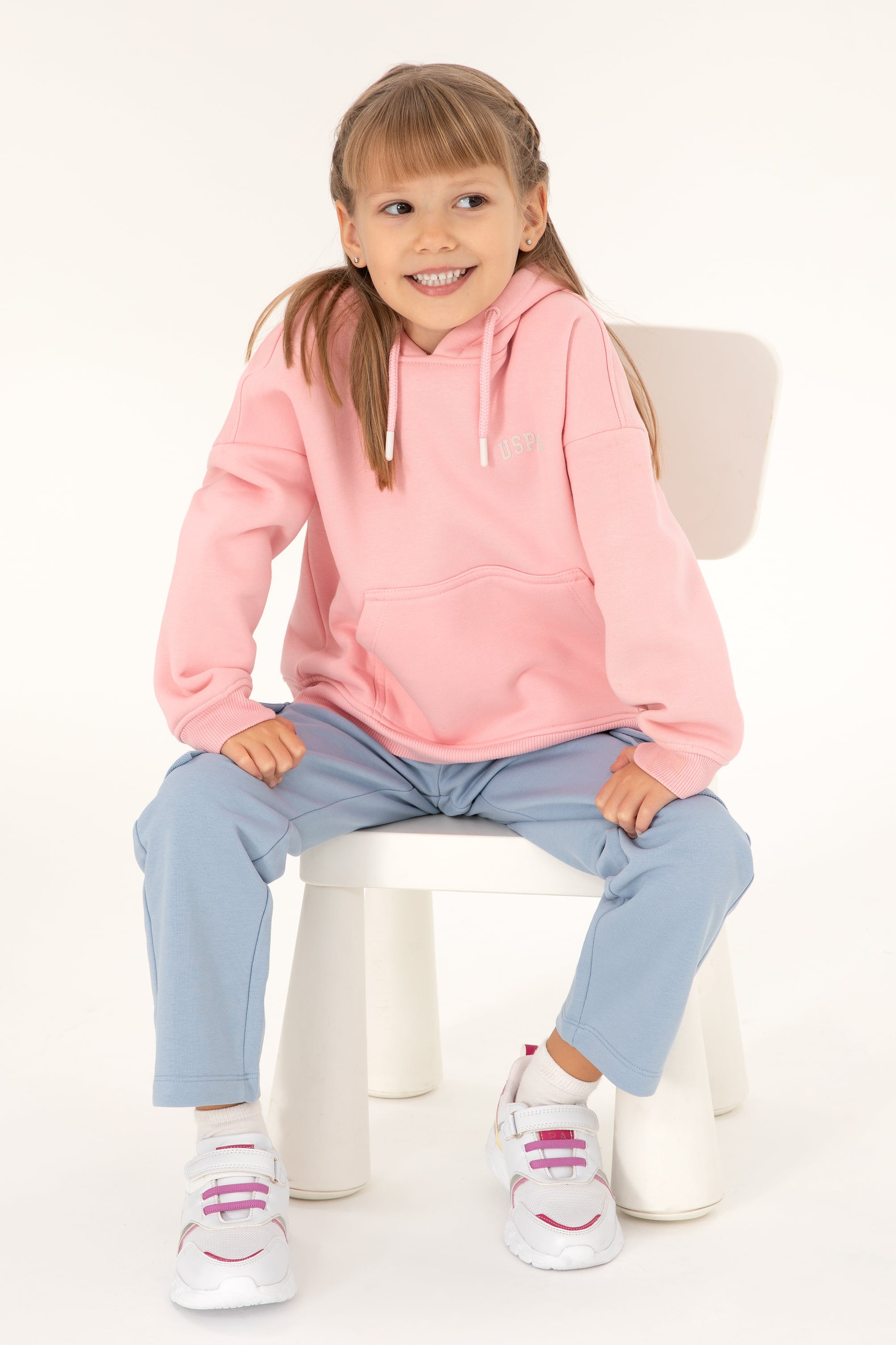 Kız Çocuk Pudra Basic Kapüşonlu Sweatshirt