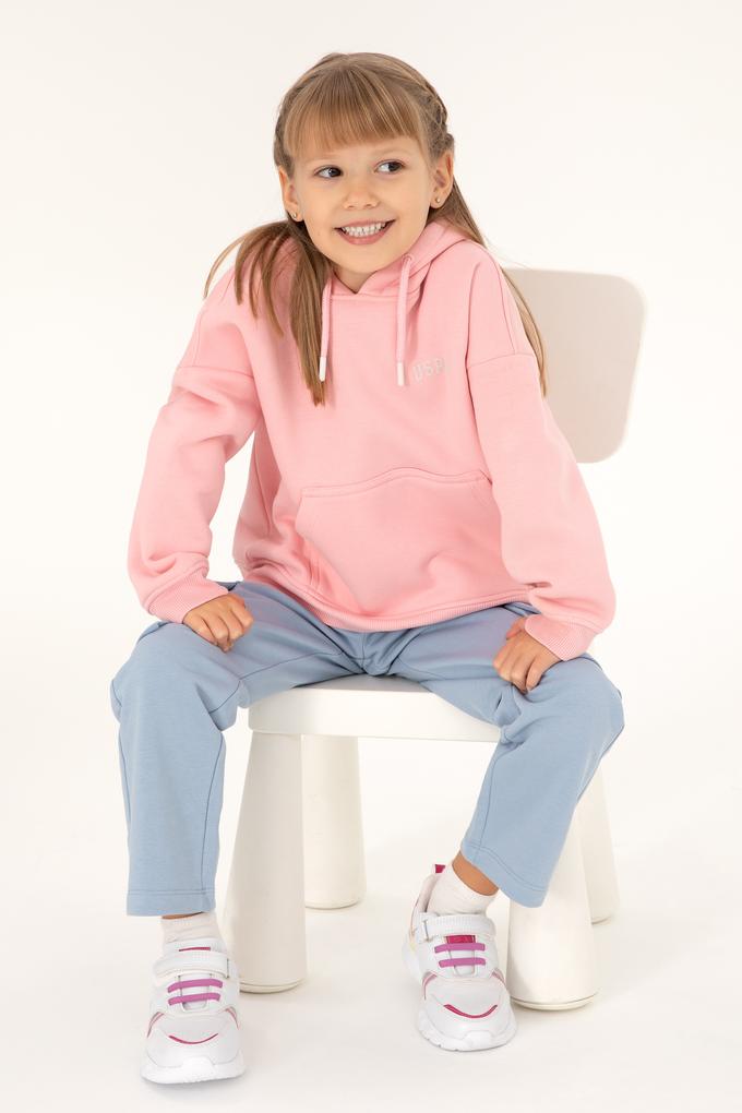 Kız Çocuk Pudra Basic Kapüşonlu Sweatshirt
