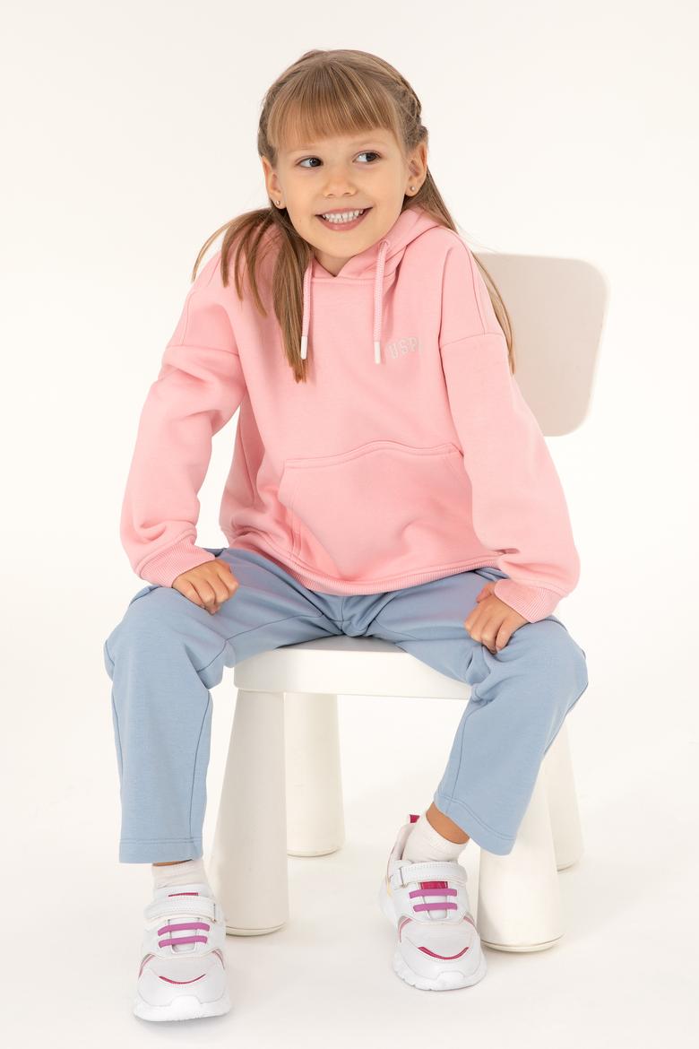 Kız Çocuk Pudra Basic Kapüşonlu Sweatshirt