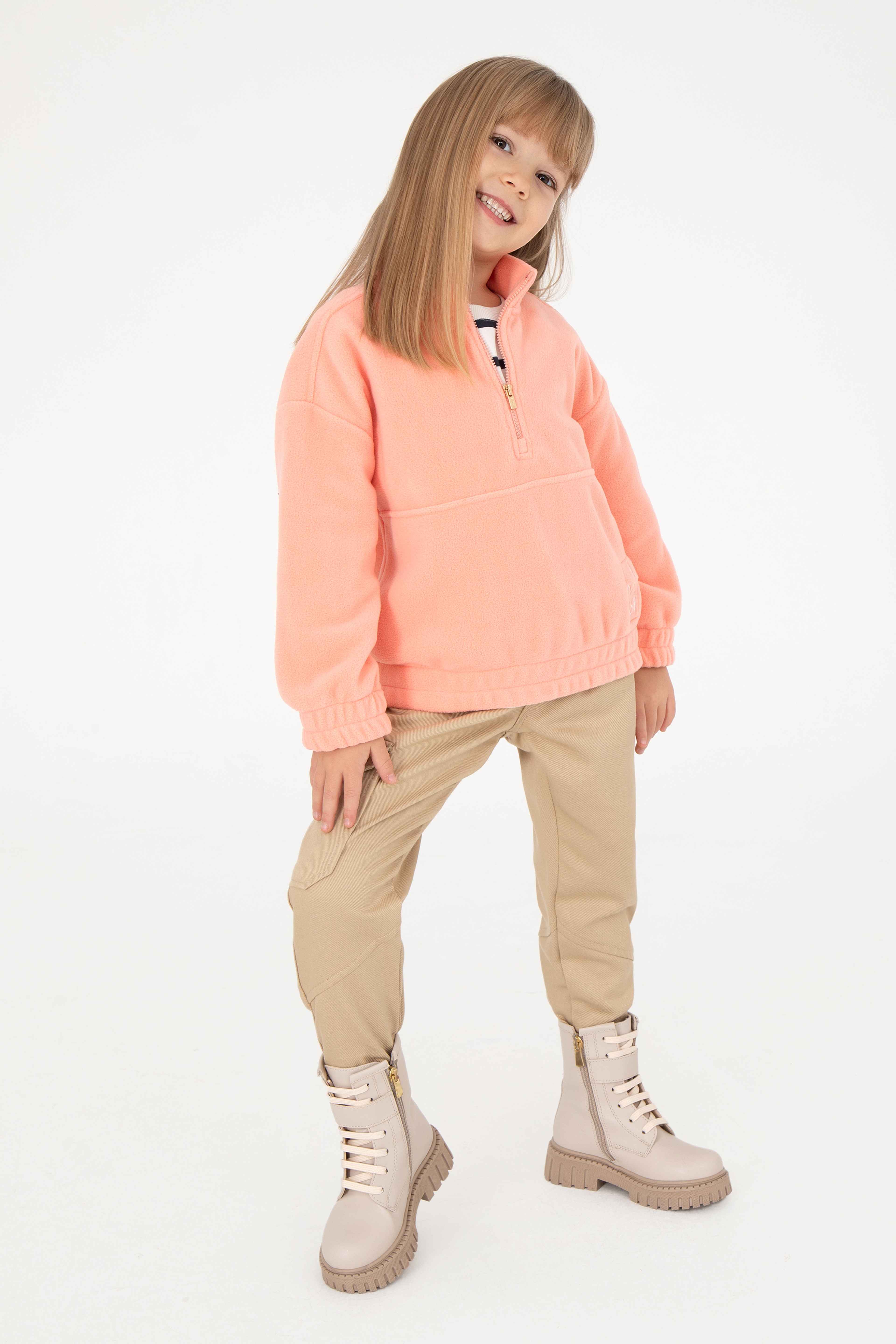 Kız Çocuk Somon Yarım Fermuarlı Polar Sweatshirt - Image 2