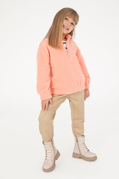 Kız Çocuk Somon Yarım Fermuarlı Polar Sweatshirt