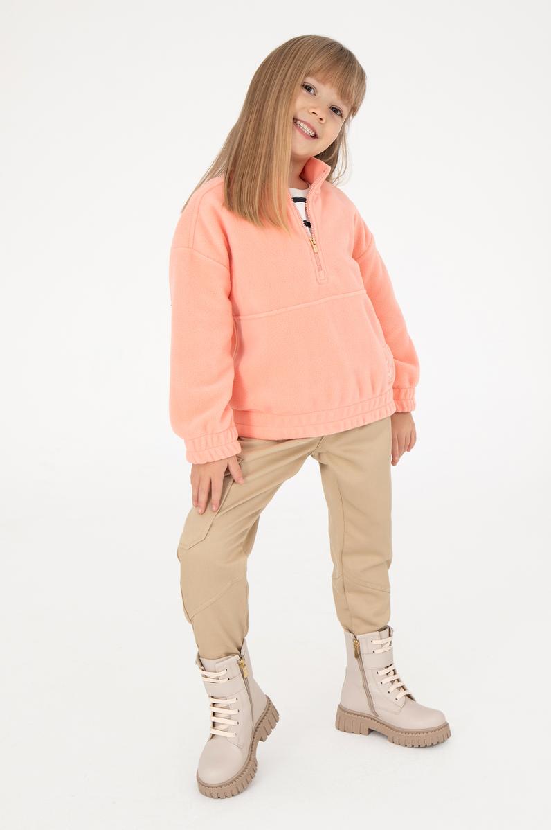 Kız Çocuk Somon Yarım Fermuarlı Polar Sweatshirt