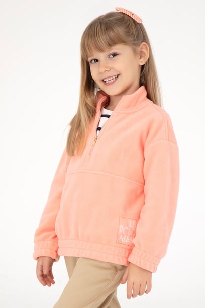 Kız Çocuk Somon Yarım Fermuarlı Polar Sweatshirt