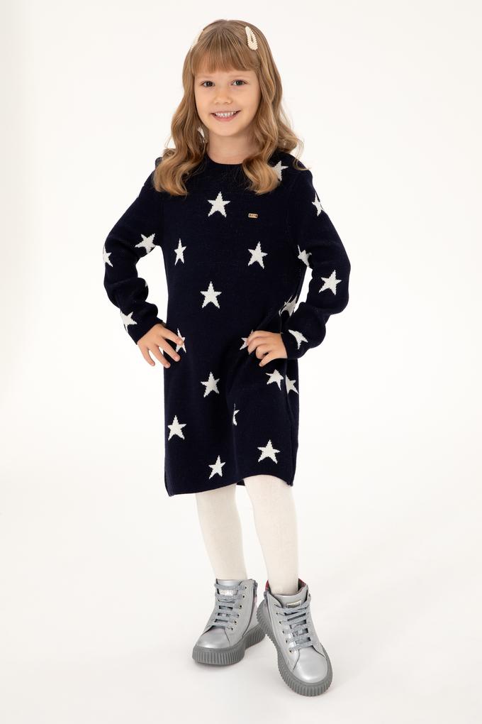 Kız Çocuk Lacivert Triko Balıkçı Yaka Triko Elbise