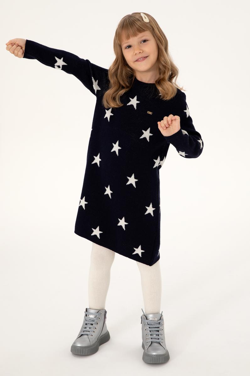 Kız Çocuk Lacivert Triko Balıkçı Yaka Triko Elbise