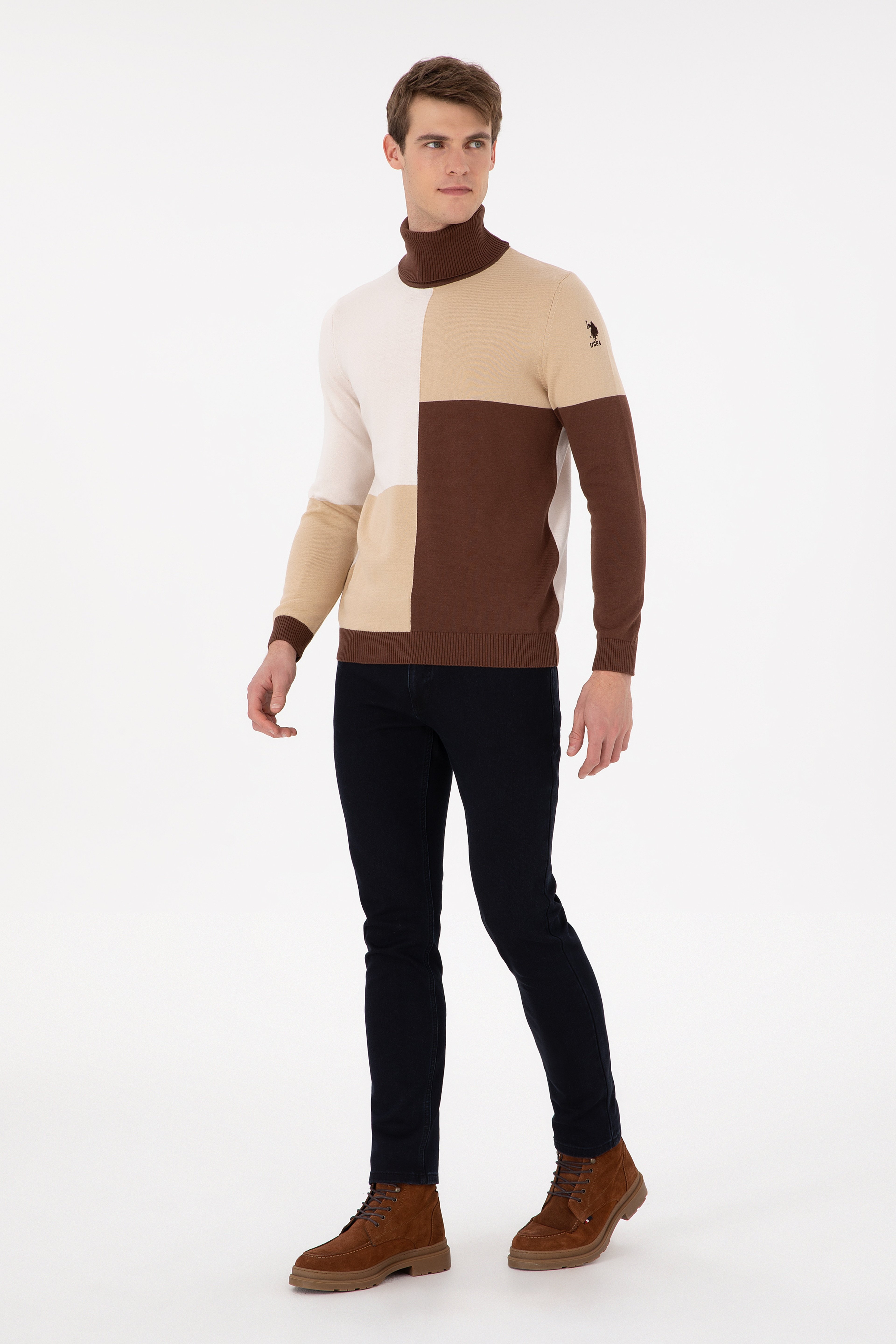 Erkek Slim Fit Balıkçı Yaka Kum Kazak