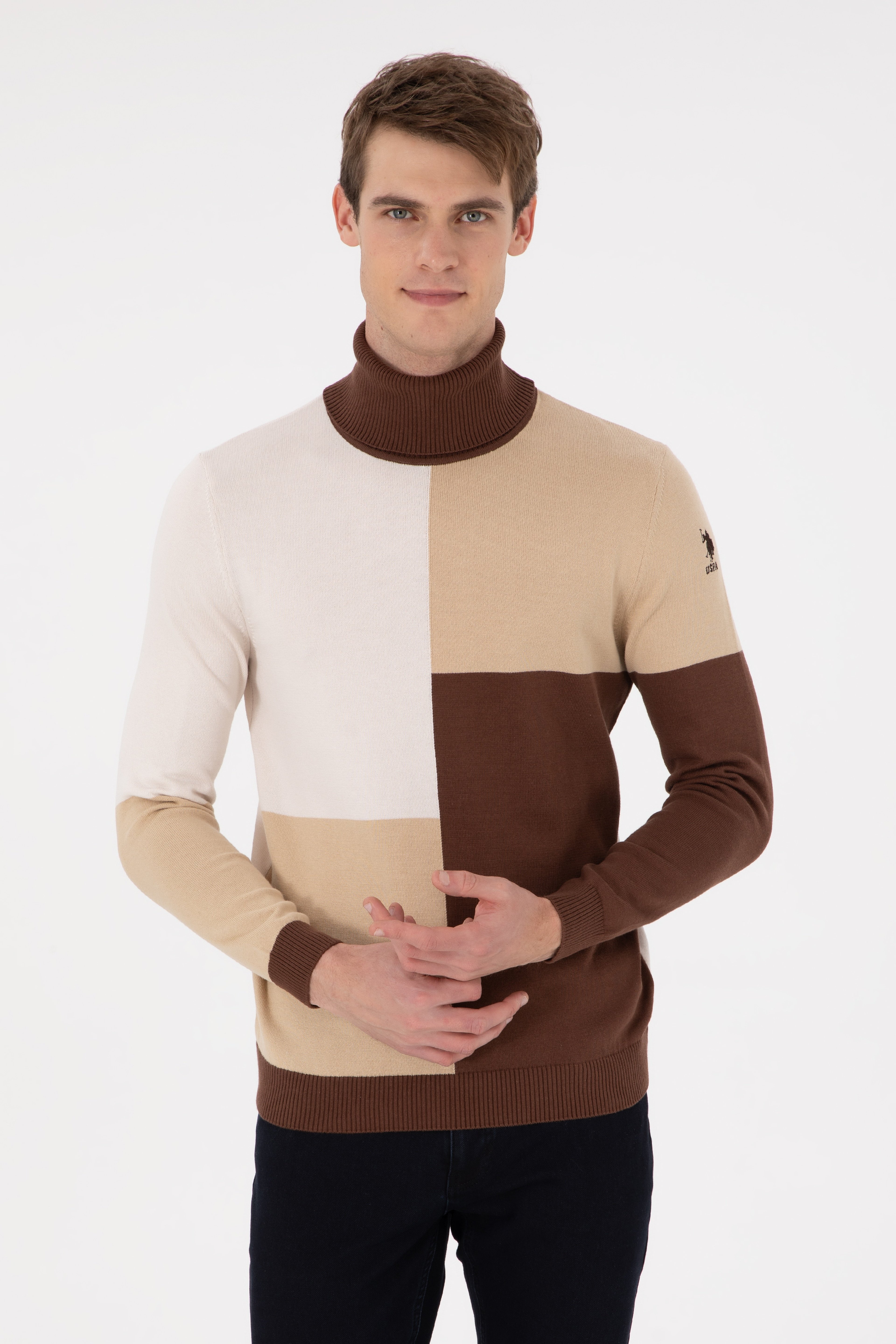 Erkek Slim Fit Balıkçı Yaka Kum Kazak - Image 1