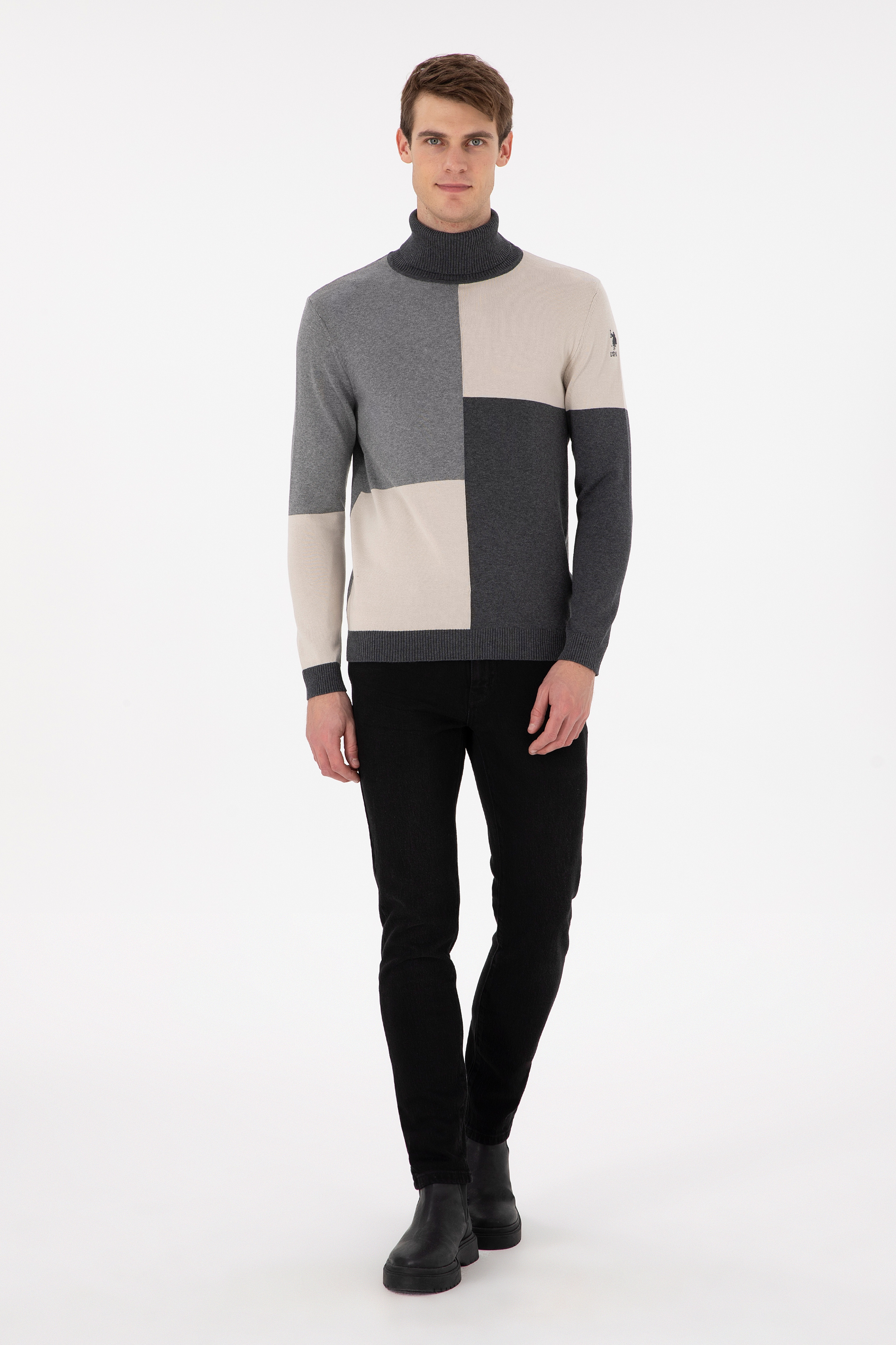 Erkek Slim Fit Yarım Balıkçı Yaka Koyu Yeşil Kazak