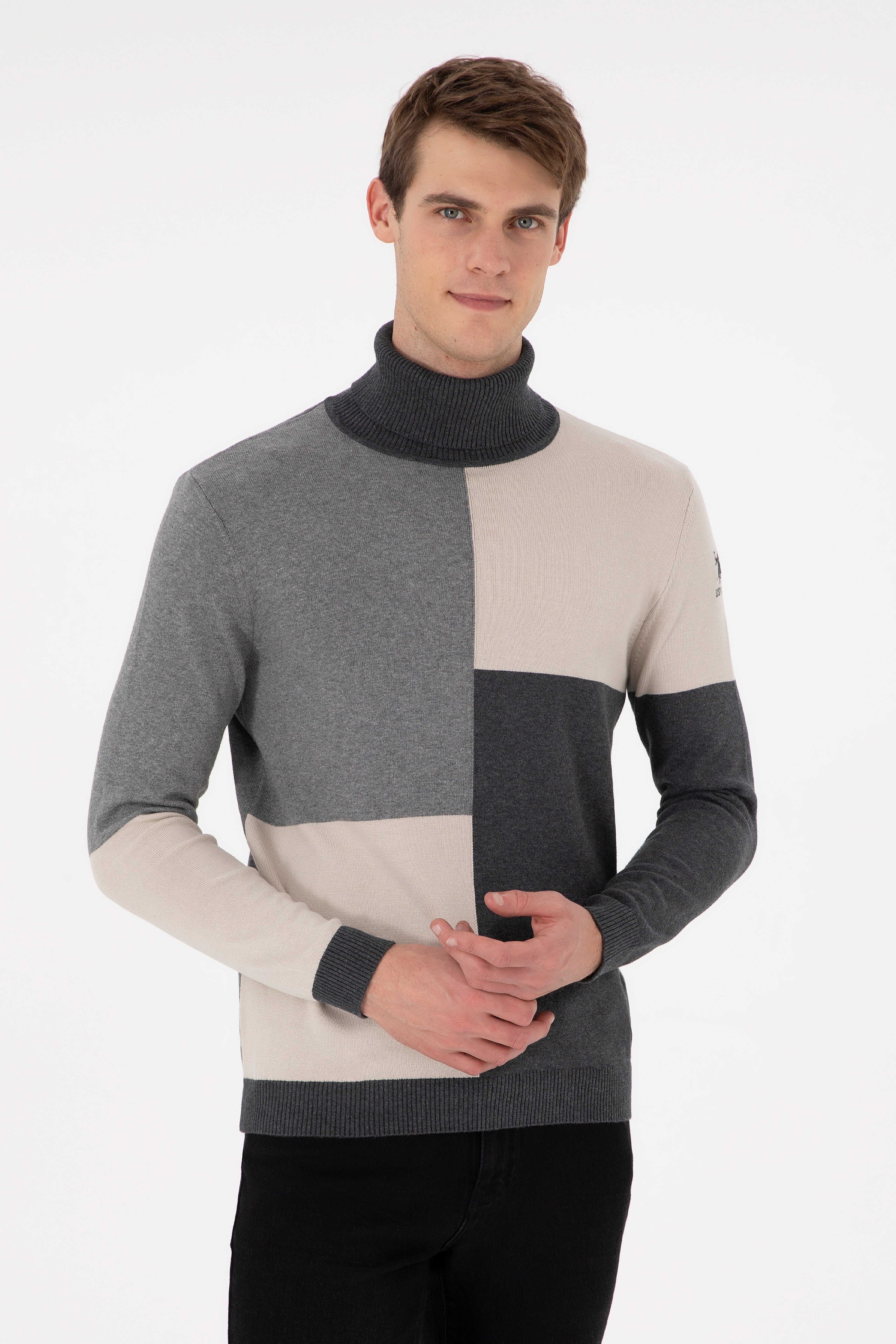 Erkek Slim Fit Yarım Balıkçı Yaka Koyu Yeşil Kazak - Image 1