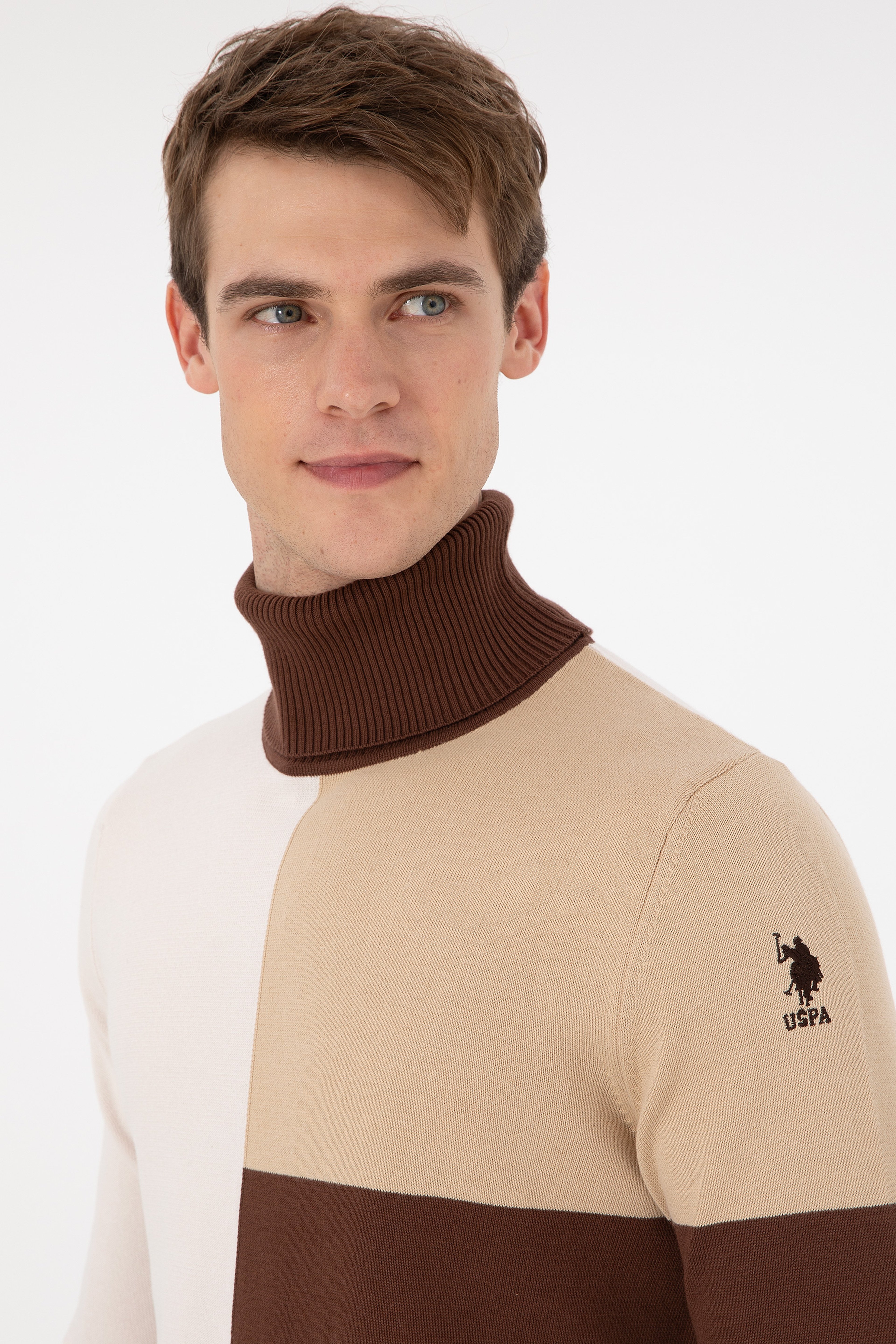 Erkek Slim Fit Balıkçı Yaka Kum Kazak