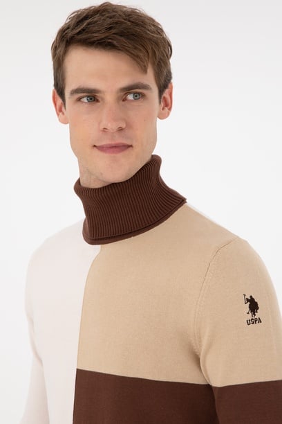 Erkek Slim Fit Balıkçı Yaka Kum Kazak