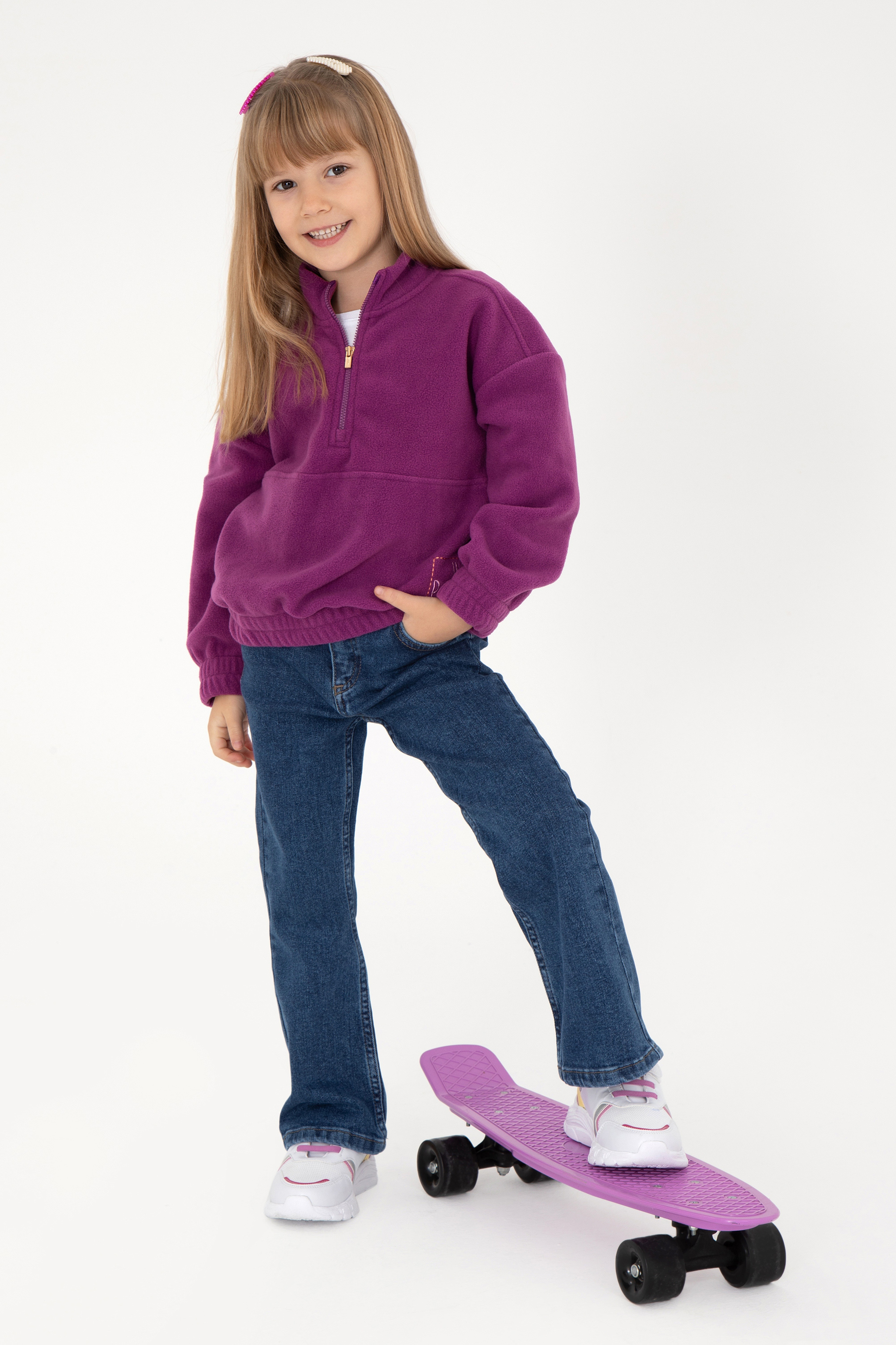 Kız Çocuk Menekşe Yarım Fermuarlı Polar Sweatshirt - Image 2
