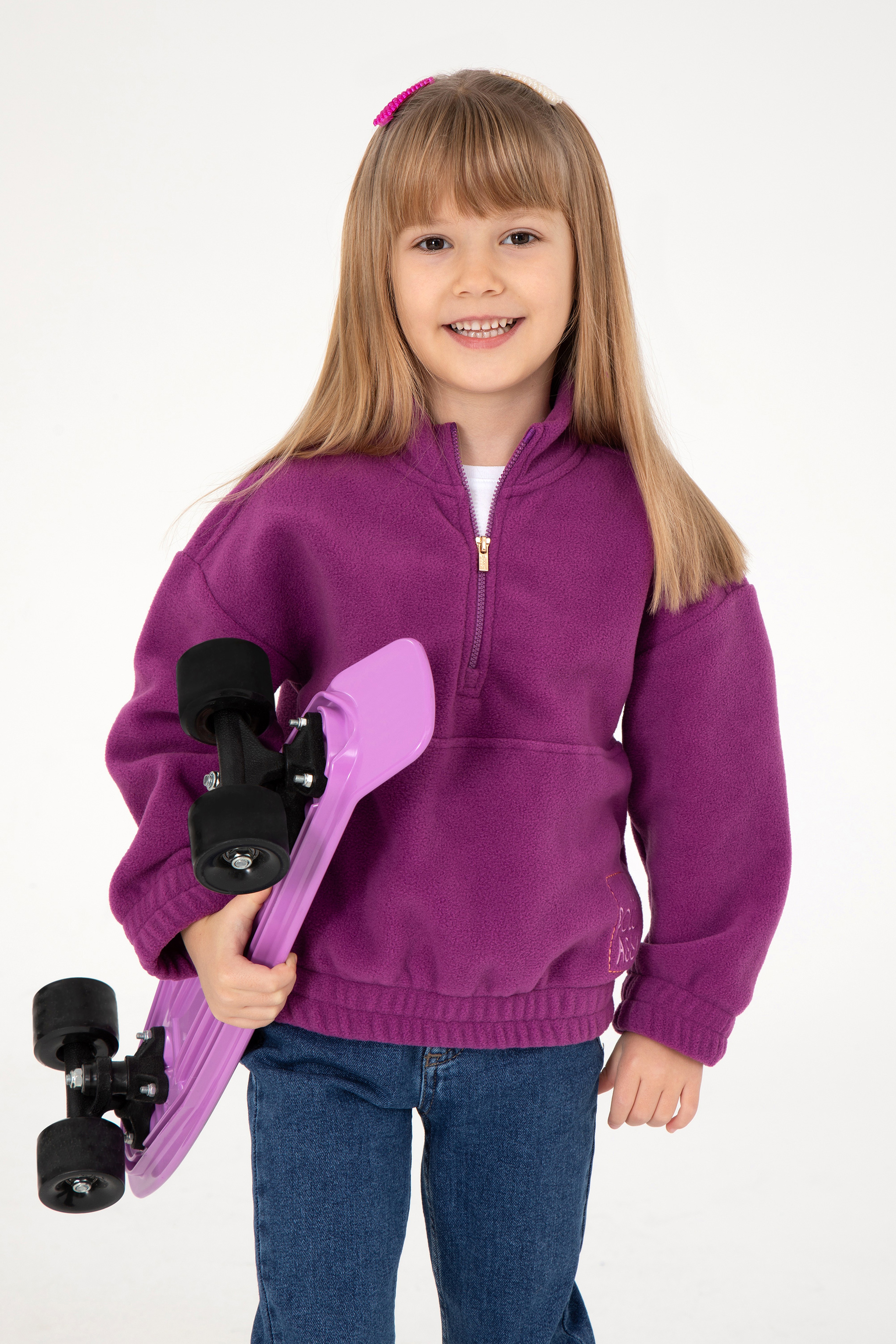 Kız Çocuk Menekşe Yarım Fermuarlı Polar Sweatshirt - Image 1