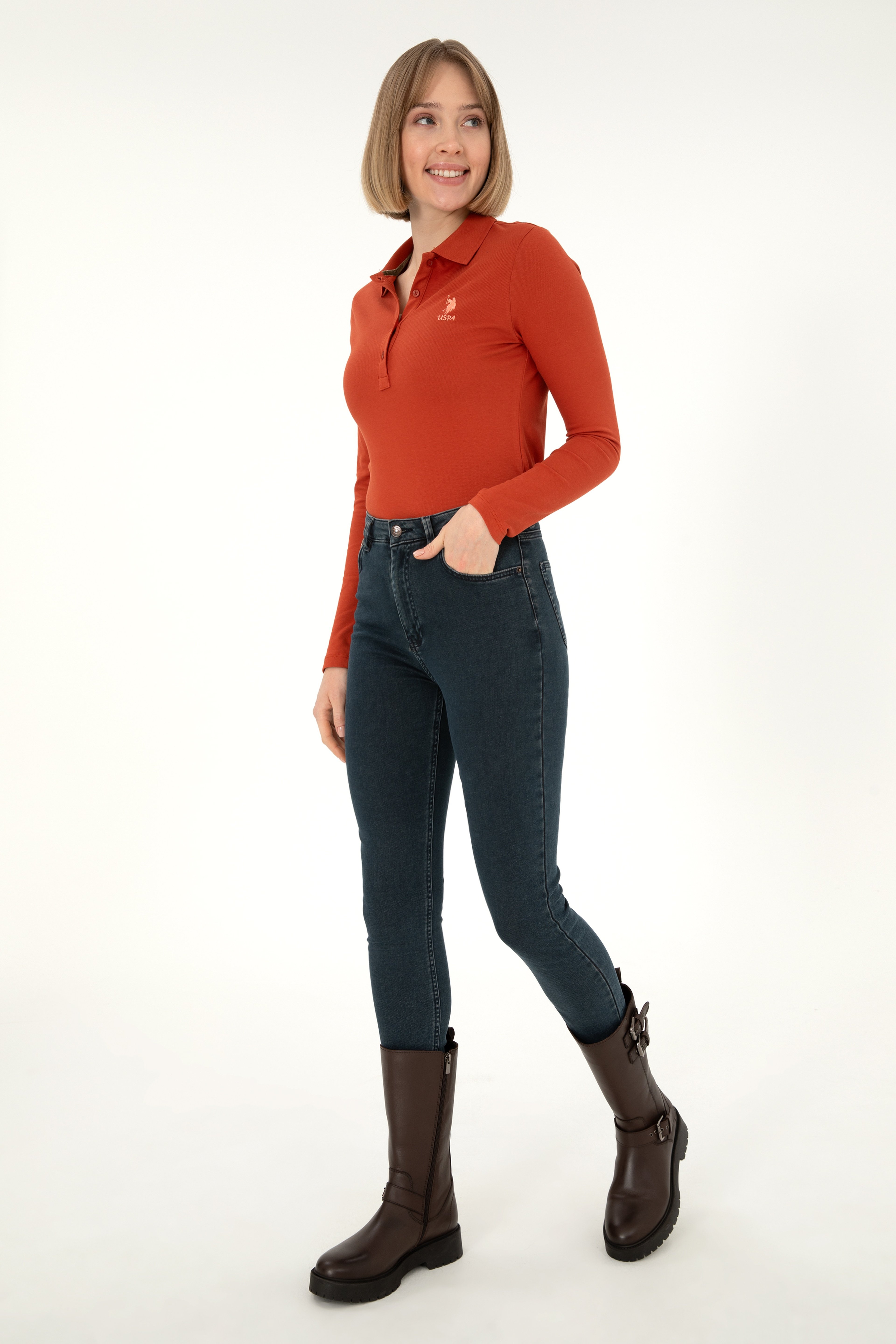 Kadın Kiremit Basic Polo Yaka Sweatshirt