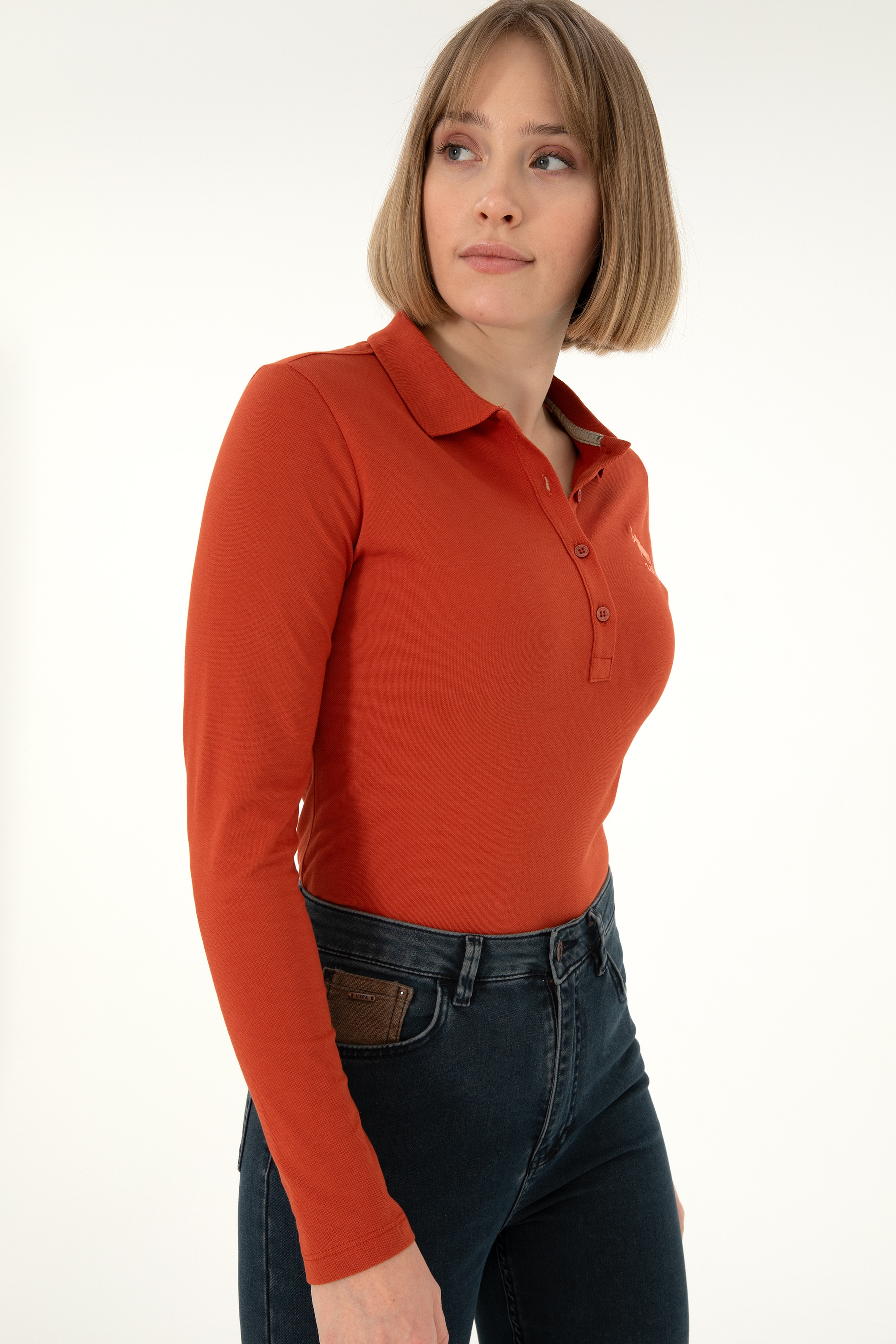 Kadın Kiremit Basic Polo Yaka Sweatshirt