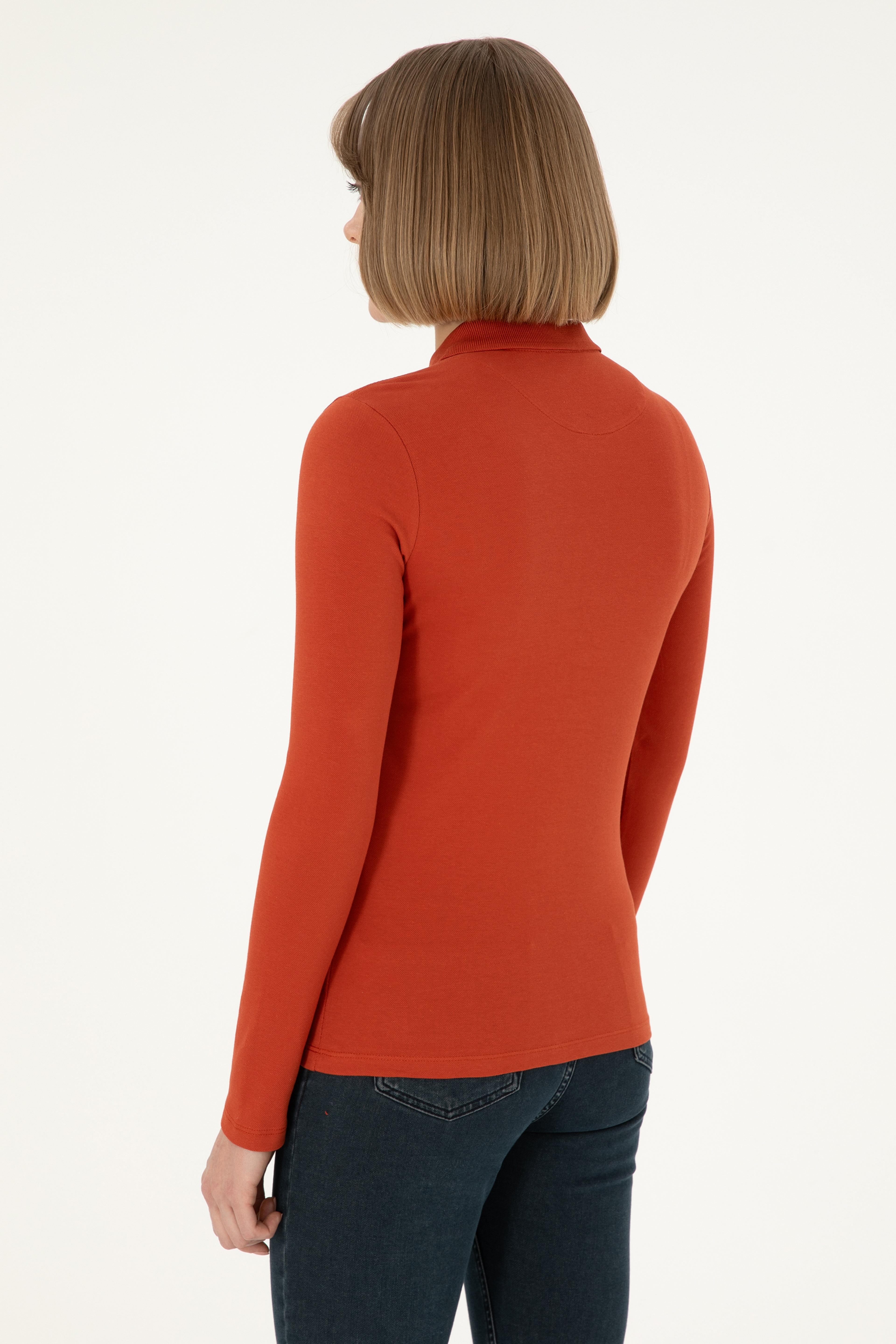 Kadın Kiremit Basic Polo Yaka Sweatshirt