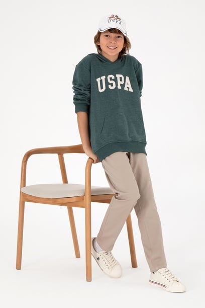 Erkek Çocuk Koyu Yeşil Basic Kapüşonlu Sweatshirt