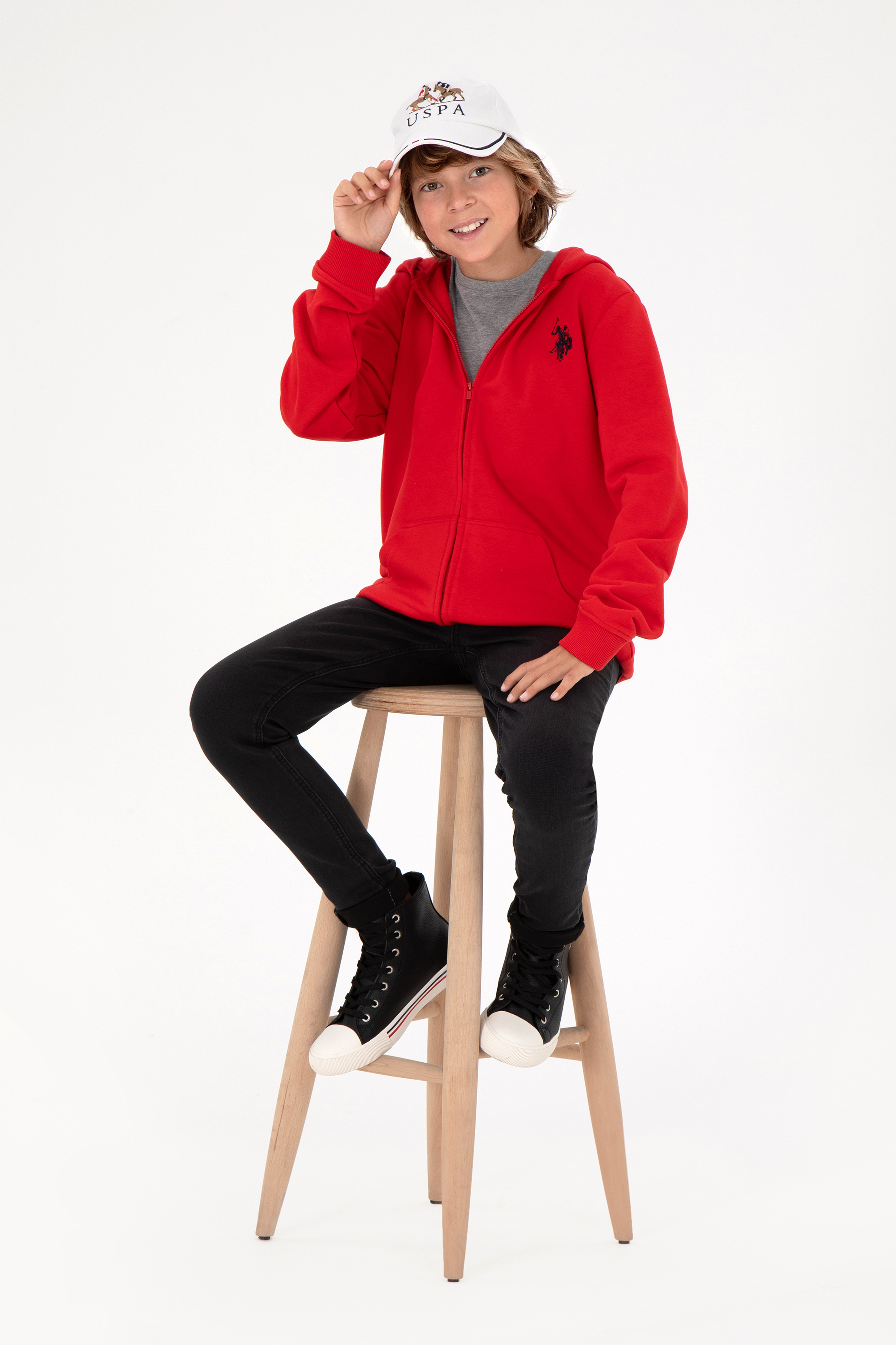 Erkek Çocuk Kırmızı Basic Fermuarlı Sweatshirt - Image 2