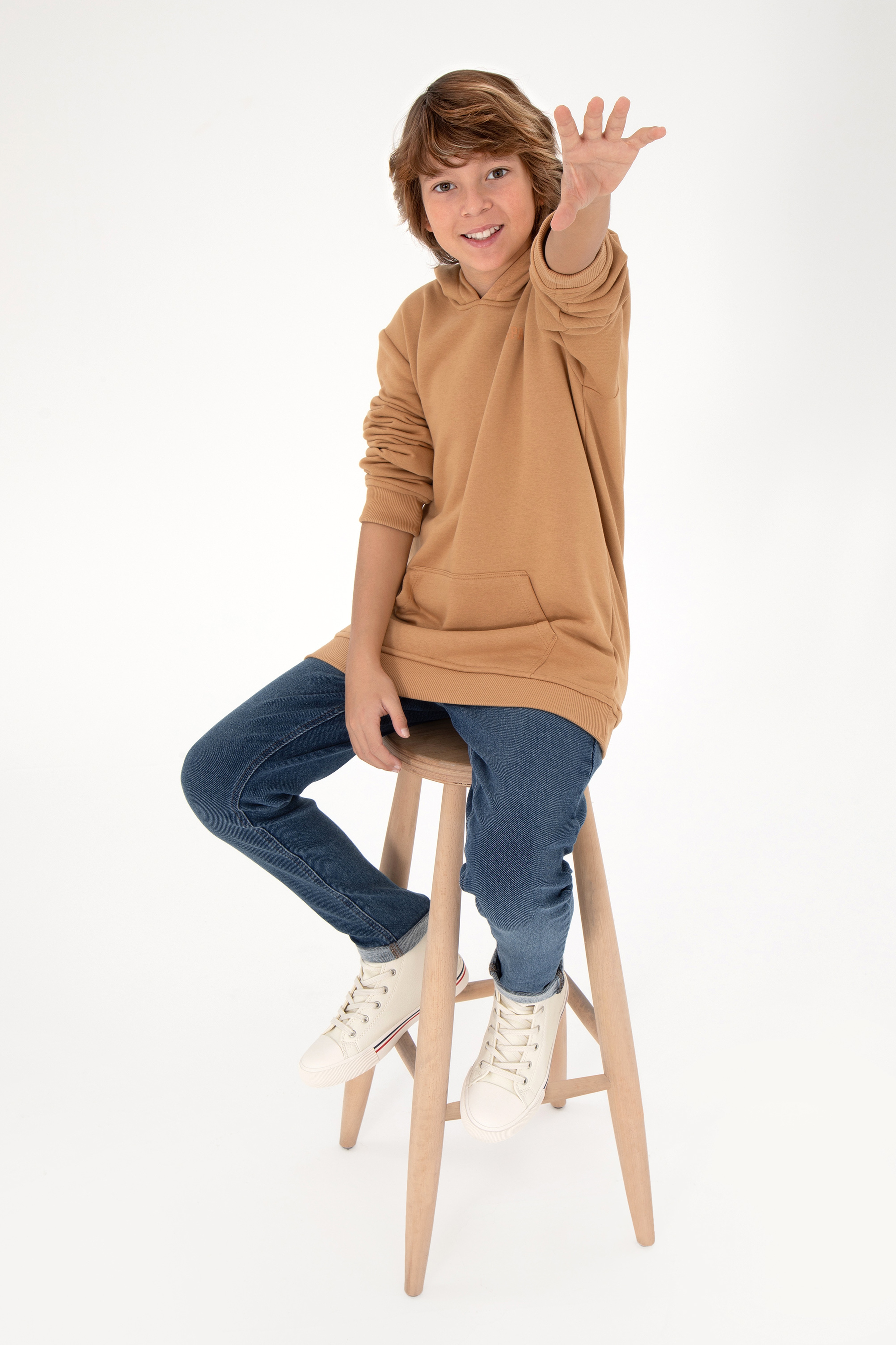 Erkek Çocuk Camel Basic Kapüşonlu Sweatshirt - Image 2
