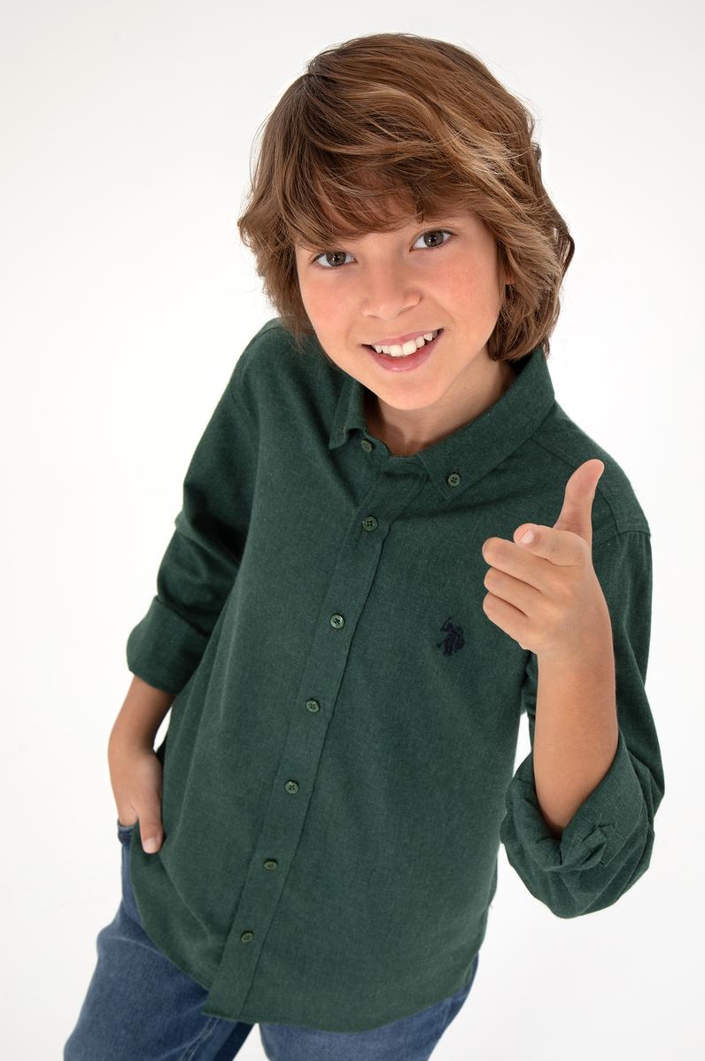 Erkek Çocuk Koyu Yeşil Uzun Kollu Basic Gömlek