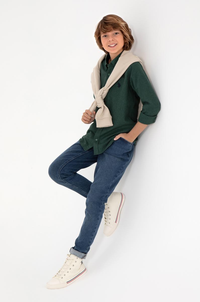 Erkek Çocuk Koyu Yeşil Uzun Kollu Basic Gömlek