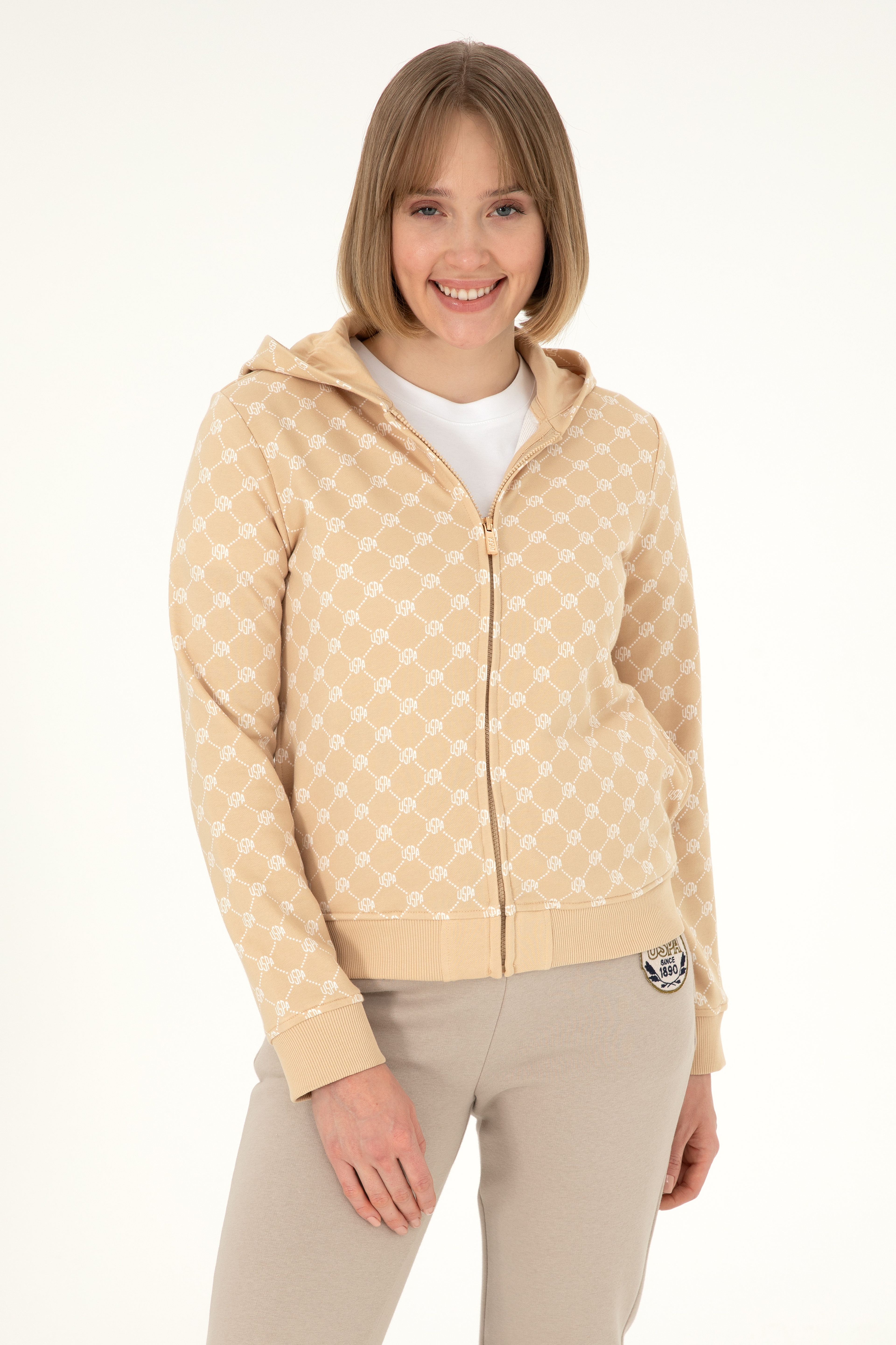 Kadın Desenli Kum Kapüşonlu Sweatshirt - Image 3