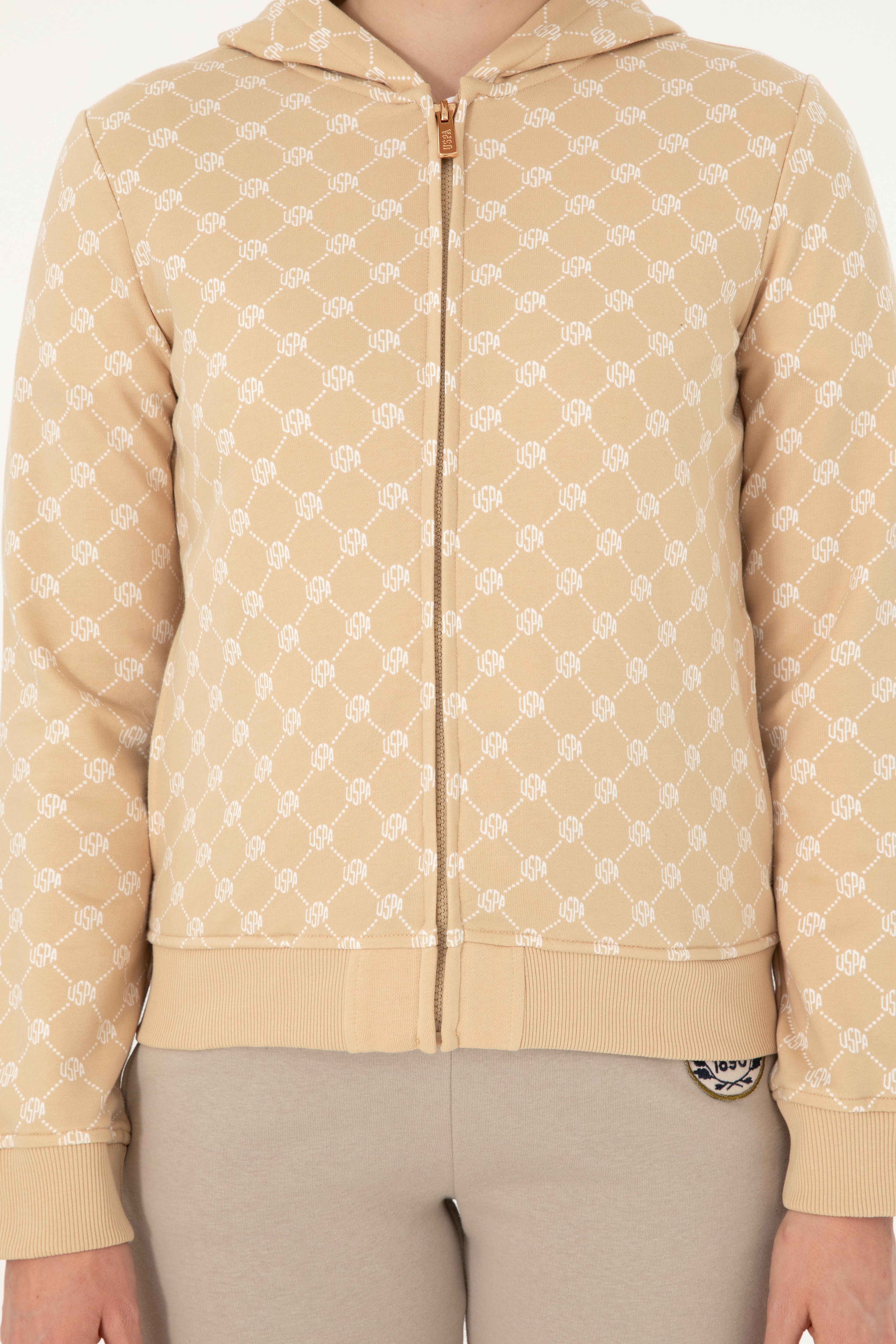 Kadın Desenli Kum Kapüşonlu Sweatshirt - Image 6