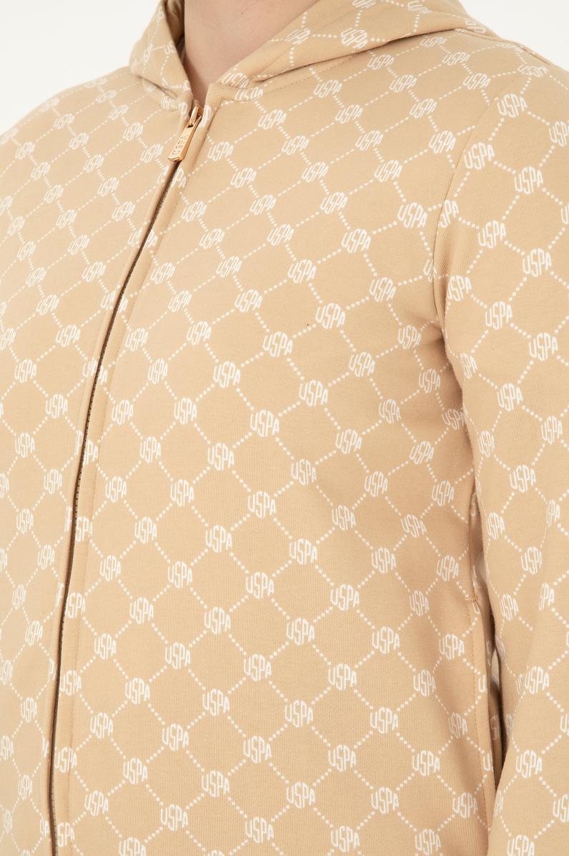 Kadın Desenli Kum Kapüşonlu Sweatshirt